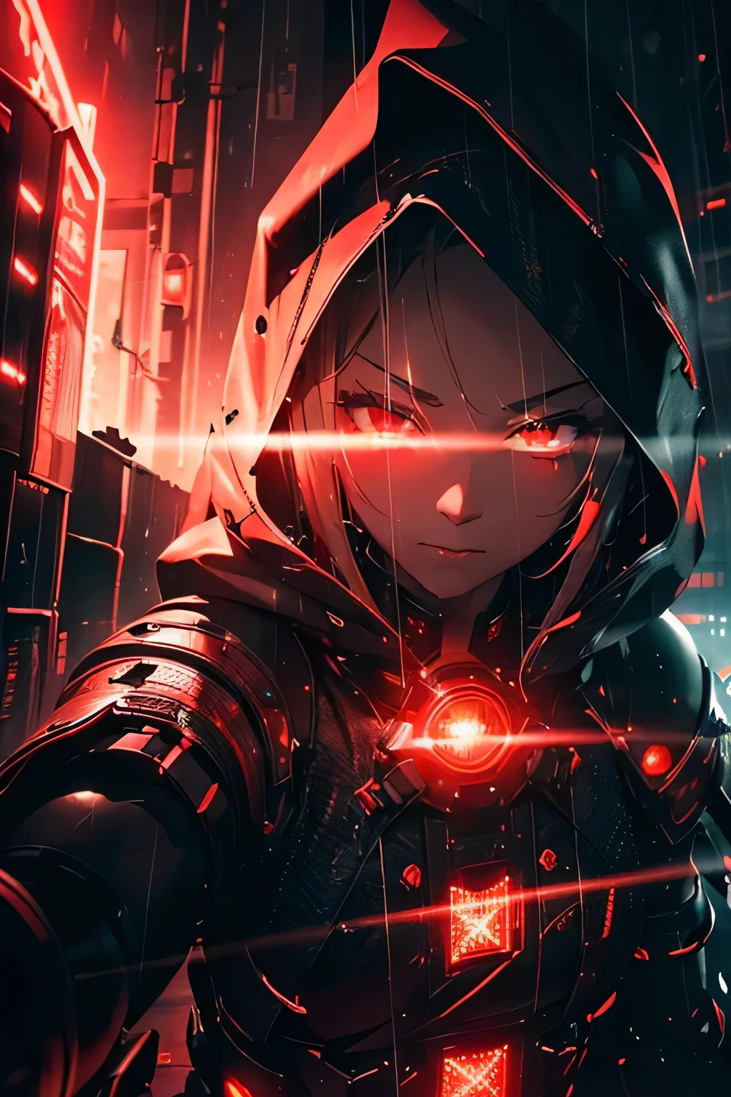 (Ultra detailed:1.3),(grainy:0.8), natural red lighting, futuristic city, (raining:1.3), (dark:1.3), (fog:1.2), red lights, orange lights, crimson lights AND girl, cape with hood, light logo, [cyberpunk clothing:torn fabric:0.35], red lights, orange lights, menacing, sharp, (pointing weapon at the viewer:1.2),(Cold Colors:0.75), highly detailed, vibrant appearance, creative behavior, extremly detailed, imaginative, , spontaneous, highest quality, skin texture, intricate details, (cinematic lighting), RAW photo, 8k, masterpiece,best quality,ultra-detailed,very detailed illustrations,extremely detailed,intricate details,highres,super complex details,extremely detailed 8k cg wallpaper,