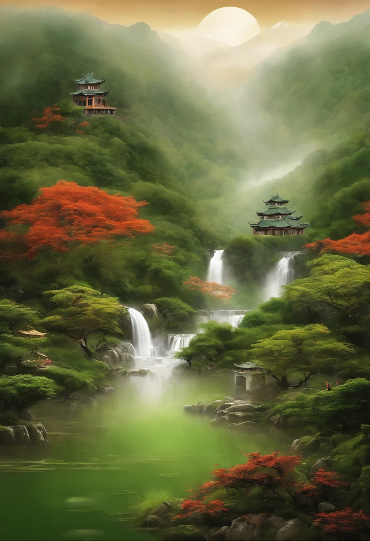 Masterpiece, High quality, Best quality, offcial art, Beauty and aesthetics: 1.2)Two cups of tea in the pavilion,A fresh fragrance wafts (The waterfall falls，Green landscapes flow),Surrounded by tea fields, Splash spray, (Chinese landscape  carving, Chinese landscape painting of the Song Dynasty: 1.2), (Surrealist dream style), Light tracing, Environmental shielding, Hazy, Natural light,