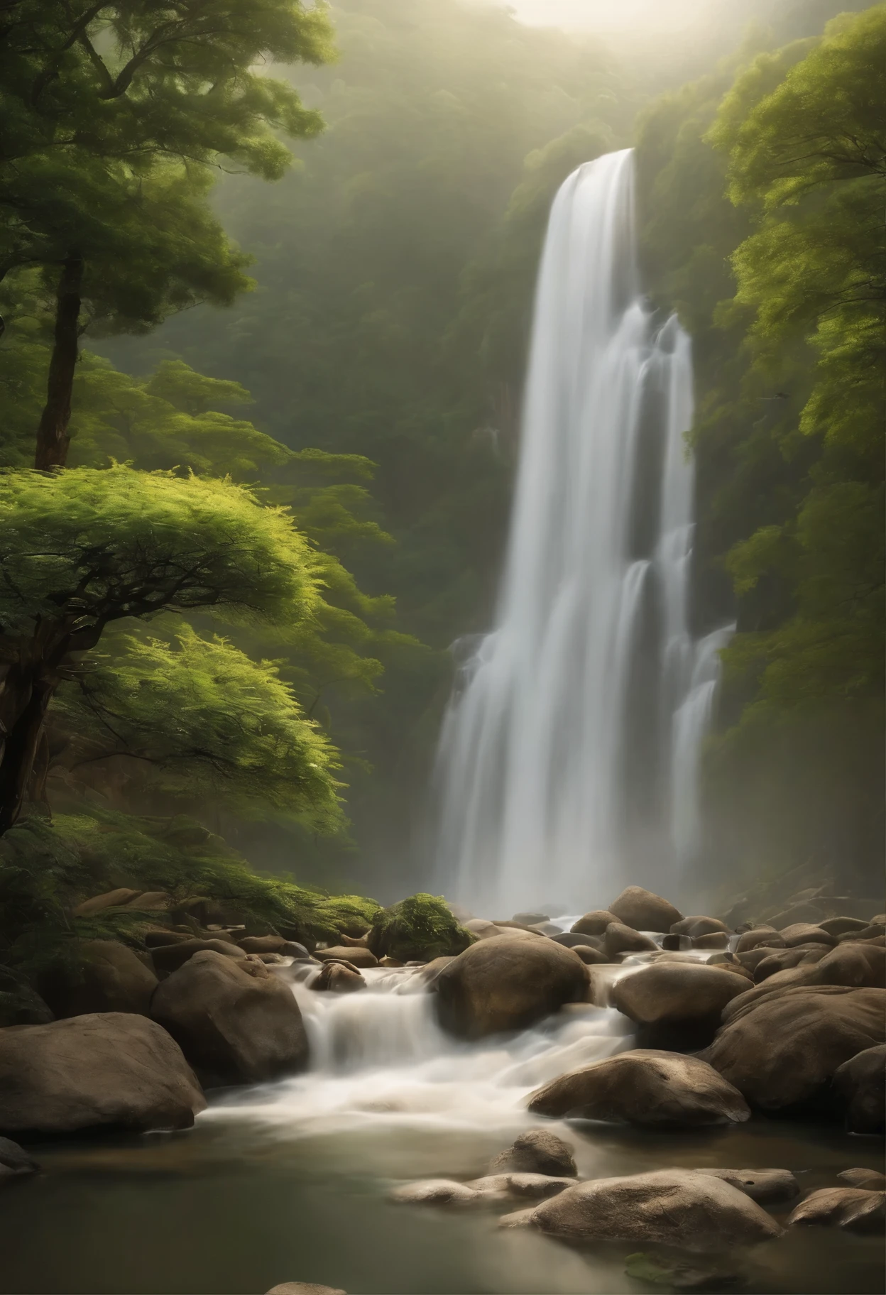 Masterpiece, High quality, Best quality, offcial art, Beauty and aesthetics: 1.2)Two cups of tea in the pavilion,A fresh fragrance wafts (The waterfall falls,Green landscapes flow),Surrounded by tea fields, Splash spray, (Chinese landscape carving, Chinese landscape painting of the Song Dynasty: 1.2), (Surrealist dream style), Light tracing, Environmental shielding, Hazy, Natural light,