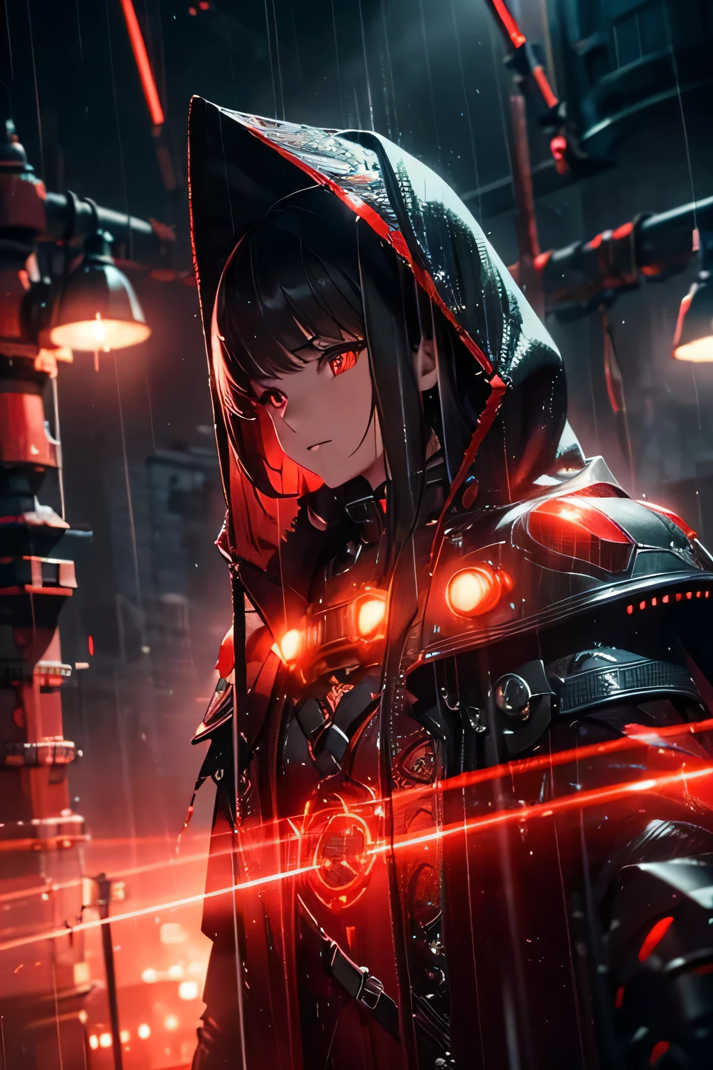 (Ultra detailed:1.3),(grainy:0.8), natural red lighting, futuristic city, (raining:1.3), (dark:1.3), (fog:1.2), red lights, orange lights, crimson lights AND girl, cape with hood, light logo, [cyberpunk clothing:torn fabric:0.35], red lights, orange lights, menacing, sharp, (pointing weapon at the viewer:1.2),(Cold Colors:0.75), highly detailed, vibrant appearance, creative behavior, extremly detailed, imaginative, , spontaneous, highest quality, skin texture, intricate details, (cinematic lighting), RAW photo, 8k, masterpiece,best quality,ultra-detailed,very detailed illustrations,extremely detailed,intricate details,highres,super complex details,extremely detailed 8k cg wallpaper,