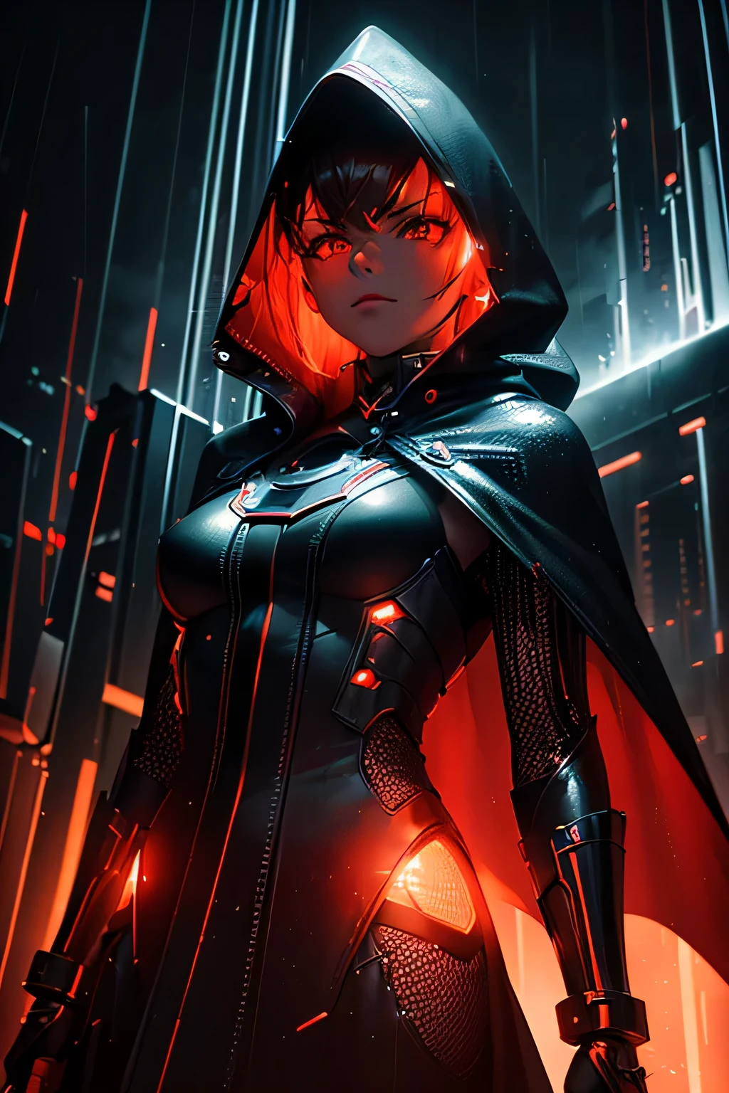 (Ultra detailed:1.3),(grainy:0.8), natural red lighting, futuristic city, (raining:1.3), (dark:1.3), (fog:1.2), red lights, orange lights, crimson lights AND girl, cape with hood, light logo, [cyberpunk clothing:torn fabric:0.35], red lights, orange lights, menacing, sharp, (pointing weapon at the viewer:1.2),(Cold Colors:0.75), highly detailed, vibrant appearance, creative behavior, extremly detailed, imaginative, , spontaneous, highest quality, skin texture, intricate details, (cinematic lighting), RAW photo, 8k, masterpiece,best quality,ultra-detailed,very detailed illustrations,extremely detailed,intricate details,highres,super complex details,extremely detailed 8k cg wallpaper,