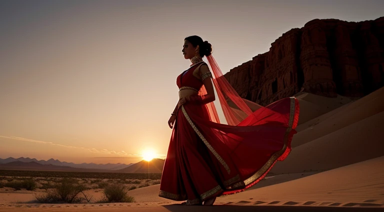 girl in indian red bridal dress,sunset in desert