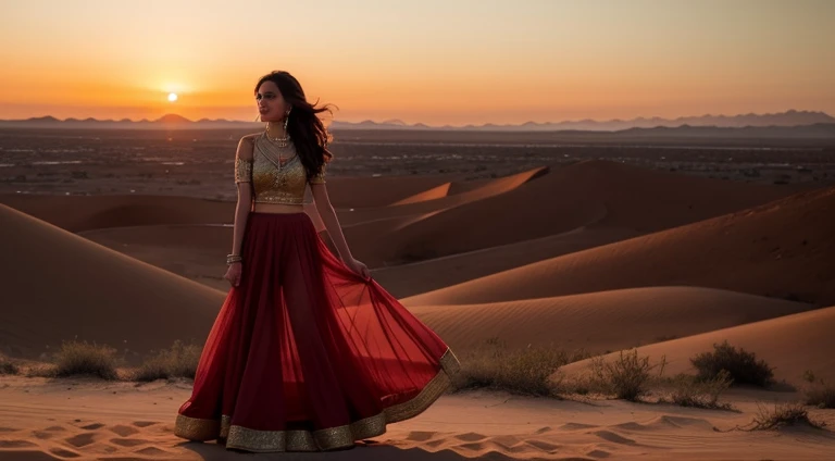girl in indian red bridal dress,sunset in desert
