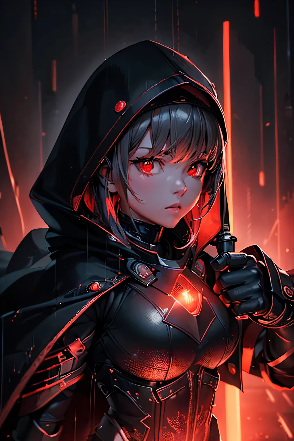 (Ultra detailed:1.3),(grainy:0.8), natural red lighting, futuristic city, (raining:1.3), (dark:1.3), (fog:1.2), red lights, orange lights, crimson lights AND girl, cape with hood, light logo, [cyberpunk clothing:torn fabric:0.35], red lights, orange lights, menacing, sharp, (pointing weapon at the viewer:1.2),(Cold Colors:0.75), highly detailed, vibrant appearance, creative behavior, extremly detailed, imaginative, , spontaneous, highest quality, skin texture, intricate details, (cinematic lighting), RAW photo, 8k, masterpiece,best quality,ultra-detailed,very detailed illustrations,extremely detailed,intricate details,highres,super complex details,extremely detailed 8k cg wallpaper,