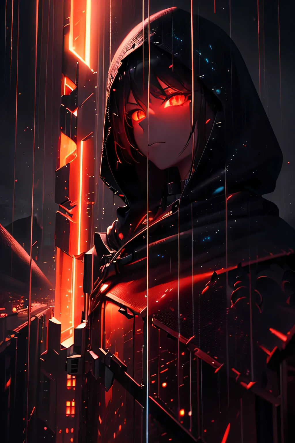 (Ultra detailed:1.3),(grainy:0.8), natural red lighting, futuristic city, (raining:1.3), (dark:1.3), (fog:1.2), red lights, orange lights, crimson lights AND girl, cape with hood, light logo, [cyberpunk clothing:torn fabric:0.35], red lights, orange lights, menacing, sharp, (pointing weapon at the viewer:1.2),(Cold Colors:0.75), highly detailed, vibrant appearance, creative behavior, extremly detailed, imaginative, , spontaneous, highest quality, skin texture, intricate details, (cinematic lighting), RAW photo, 8k, masterpiece,best quality,ultra-detailed,very detailed illustrations,extremely detailed,intricate details,highres,super complex details,extremely detailed 8k cg wallpaper,