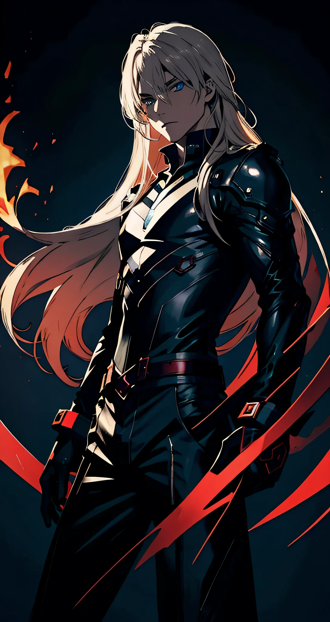 Generate an image of Raven Nightshade, a captivating character with striking blue eyes and tousled blond hair. Emphasize the mysterious and slightly eerie aura surrounding him, balancing the fine line between fear and fascination. Capture the essence of his allure, making sure his presence leaves a lingering impression. Mysterious, wallpaper art, highly detailed comic dark mature, blurry, red shadows, night, black backround