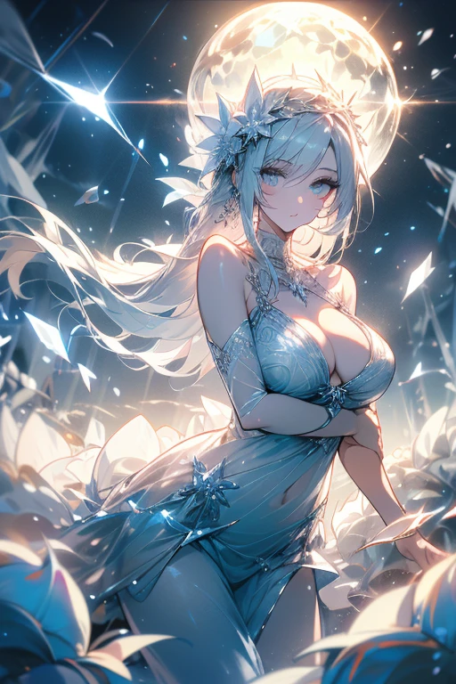 Paradise in Heaven, White lighting,(masutepiece), (Best Quality), (Cinematic), 8K, (art  stations), Li Yue painting style.(長いWhite hairとSilvery eyesを持つ1人の女), (Beautiful delicate face)、[ Particle Lou Full Moon] [Frozen trees々] [landscape crystal] [Lighting] [Ethereal Atmosphere]:1.1] [Fantasy, short story] [soft Lighting] [+Cinematic shot]:1.2 [+art  stations] [+luminous white background] [+soft Lighting] [soft glow] [Creative and dynamic angles]:1.3, [+Crystal Toning] 、masutepiece, ighly detailed, Ultra-detailed, Solo, (pale skin), Silvery eyes, White hair, (snowy background), (snowflake rosen flower:1.0), (shining crystal),, (Snowy ground), (White lashes), Female sexy、dreamy and detailed, Gorgeous setting, 妖しい雰囲気 masutepiece, The most beautiful scenes, An majestic、(((full of white flowers)))、quiet and serene atmosphere、A charming, all white tones,Inside the crystal library,Transparent flowers and falling snow，Many white roses are planted,(flowingwater,falls,water bloom),The decoration is also carefully done.,Dreamy（ighly detailedです，Creative Design，crisp and precise lines，K HD，best qualtiy，tmasterpiece，超hight resolution，4K）、Diverse poses、((beautiful white flower hair ornament))、Beautiful hairstyle、(Best Quality, 4K, 8K, hight resolution, masutepiece:1.2), Ultra-detailed, Detailed expression, Graceful posture, expressive brush strokes, mystic atmosphere, artistic interpretation,Delicate floral jewelry， (((Detailed design、Beautiful lace translucent dress、see-through small dress)))、(SFW:1.5), (Oversized breasts, best body proportions, proportions of large breasts,:1.5),(white decoration on thigh)、((Beautiful crystal accessories on the legs))。((Beautiful crystal accessories on the arm))、(((maikurobikini)))