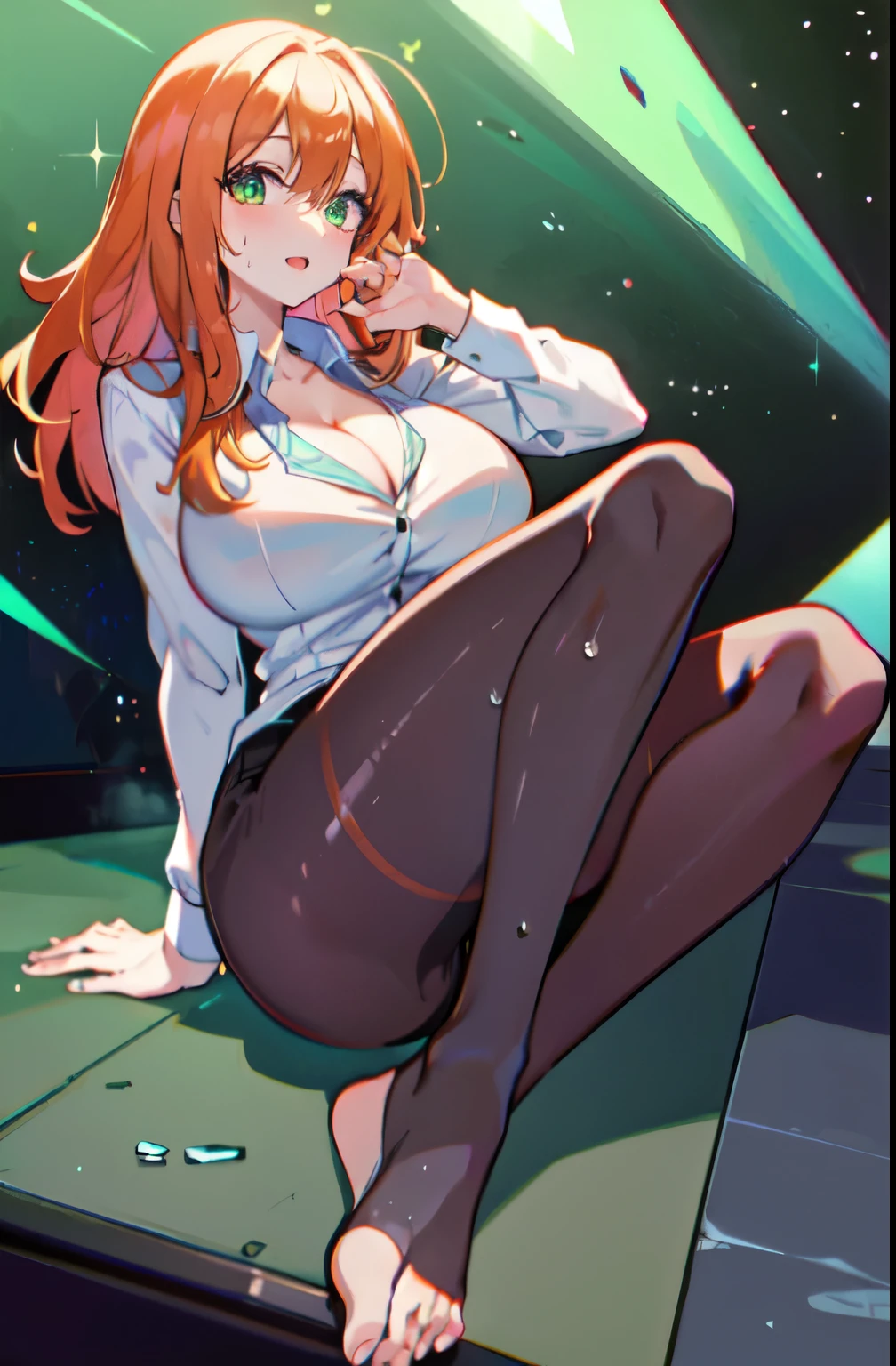 1girl, Best quality, masterpiece, cowboy shot, orange hair, green eyes, tight cloth, office clothes, office, white clothes, wet, fingering, long ginger hair, green eyes, anime girl, kawaii, hourglass figure, big feet, sweaty feet, soles showing, 5 toes on each foot, 5 toes, heel on floor, red high heel shoes on ground next to feet, galactic background, stars and sparkles, green outfit, massive tits, huge breasts, big boobs, cleavage