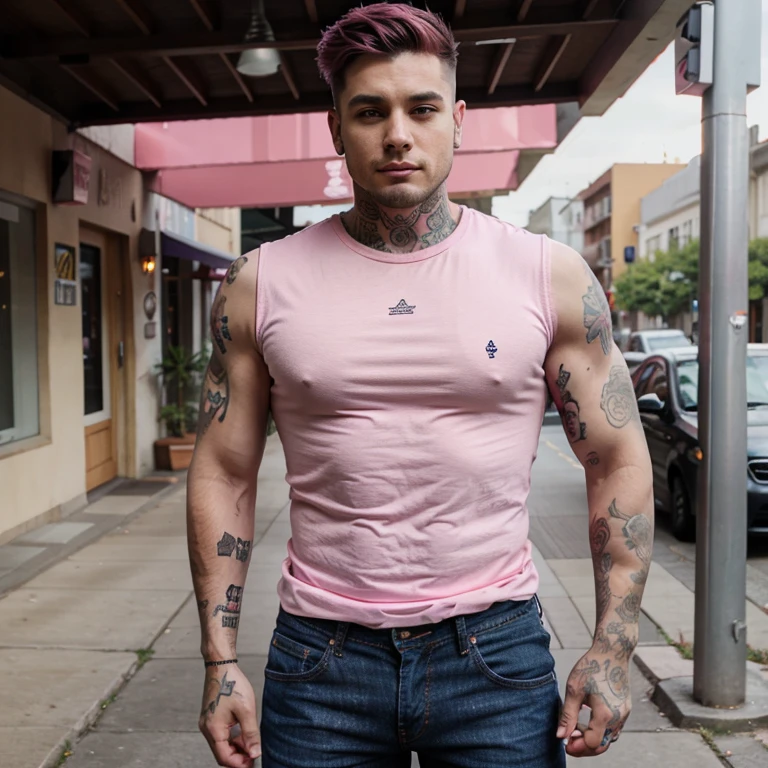 Tattooed gay man in jeans and pink shirt