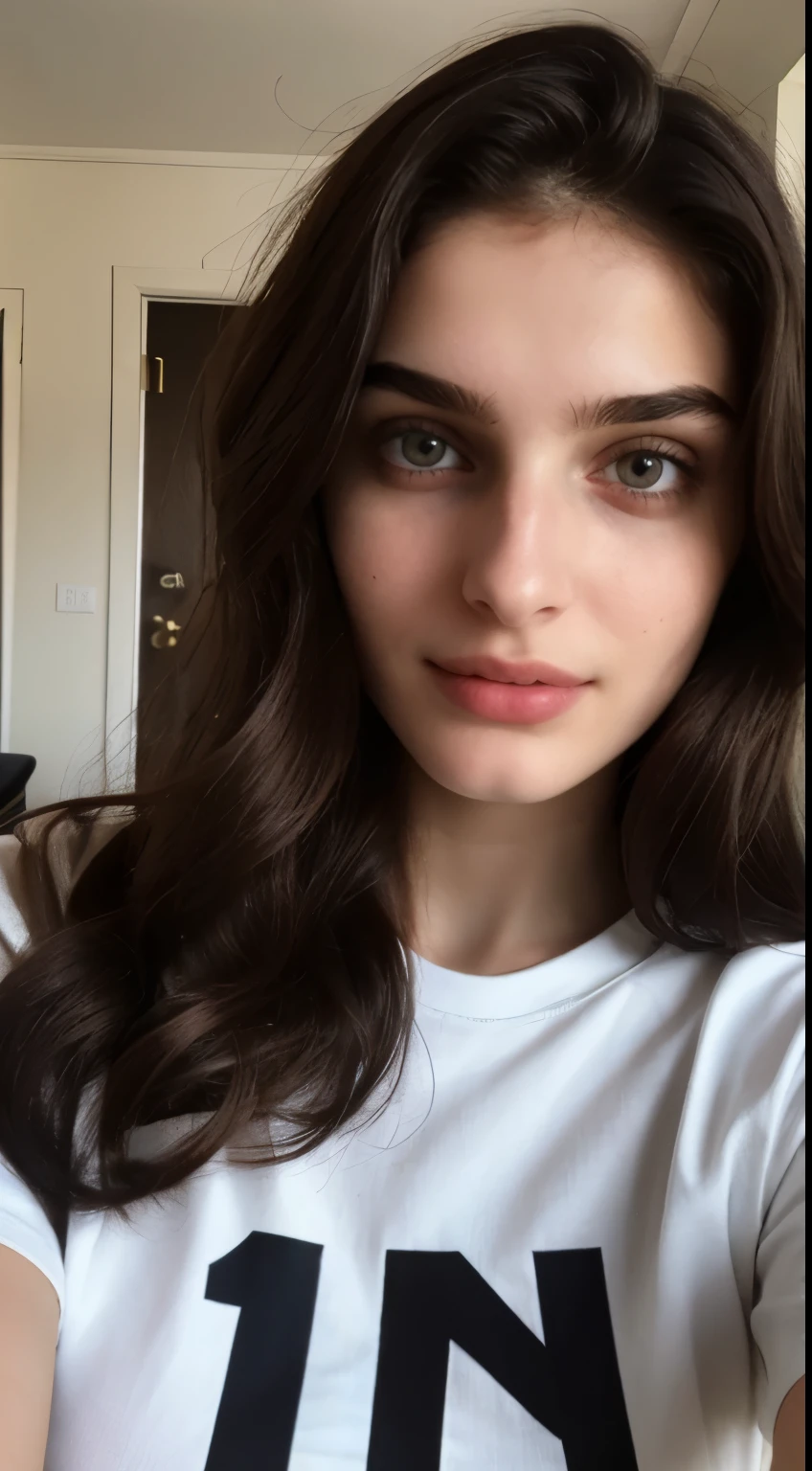 ((Front facing camera selfie)), 18 yo girl named Zahra Amiri, (straight nose), (prominent nose bridge), (female face golden ratios:1.15), long dense dark brown hair, (pale skin:1.25), (hazel eyes), thin eyebrows, high cheekbones, beautiful plump lips, big natural breasts, wearing tshirt, apartment background, smirk