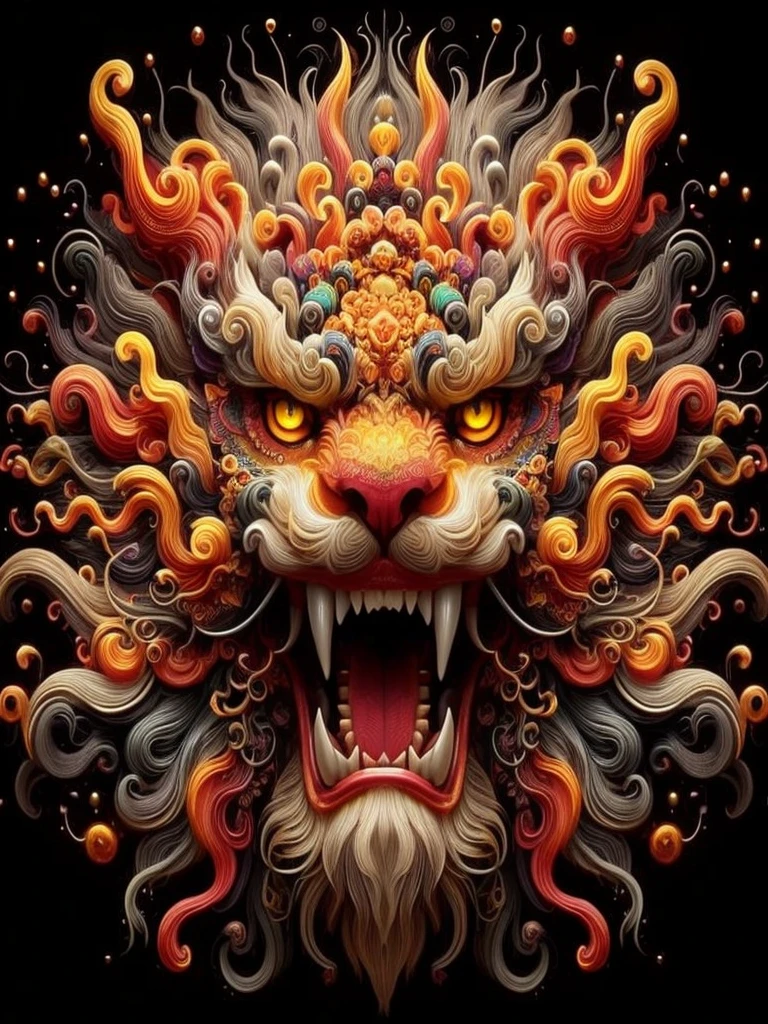 a close up of a colorful lion head with a black background, hyper detailed digital art, intricate digital painting, elaborate digital art, amazing detail digital art, highly detailed digital art, intricate digital artwork, extremely detailed digital art, very detailed digital art, ultra-detailed digital art, ultradetailed digital art, highly detailed digital artwork, detailed digital 3d art