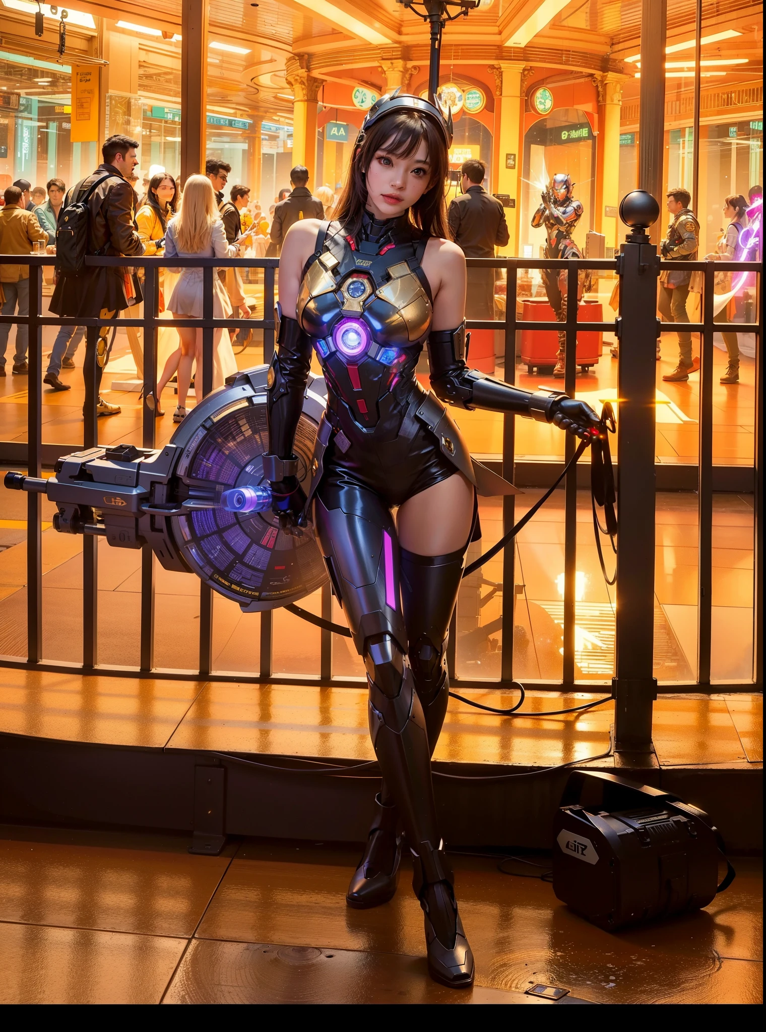 Best quality at best,golden jewelery,Fairy skin,(Fidelity :1.2),everlasting,ultra - detailed,actual,high high quality,movie light lighting,ray traycing,hyper HD,Upper part of the body, Future Iron Man mecha,Cinema lenses,tank battery,Launching equipment,Large-caliber artillery,ross tran 8 k,mechatankcyberarmoredchariotgirl,Wearing a cyberpunk stamina helmet,Wearing a glowing space helmet,High-tech motorcycle helmet,There is a breathing light on the body,The armor of the future shines,Armed electromagnetic gun,in mecha style,