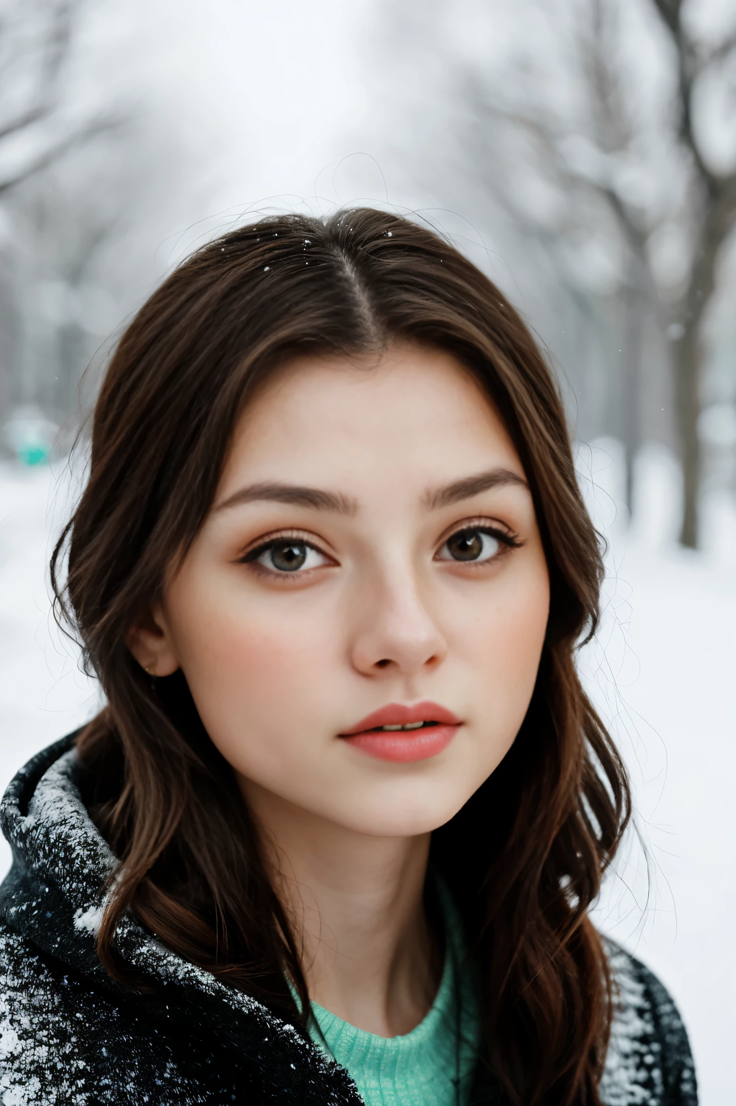 mosaic style portrait of realistic photo of SavannahRaeDemers, face, eyes, winter symbols