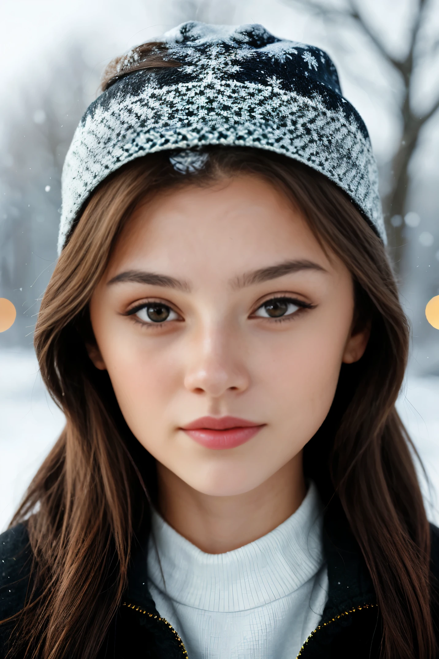 mosaic style portrait of realistic photo of SavannahRaeDemers, face, eyes, winter symbols
