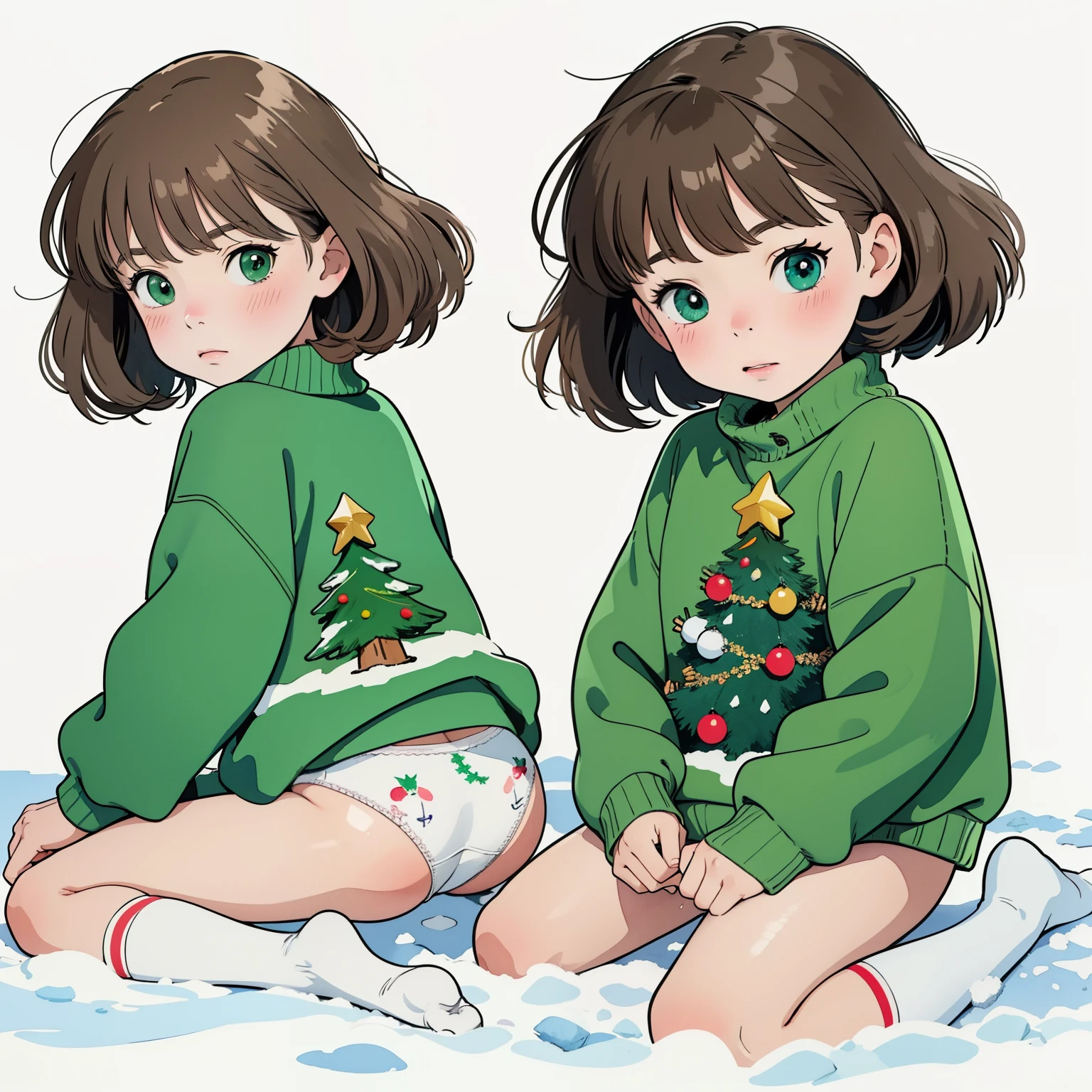 superflat, flat shading, flat colors, masterpiece, best quality, room, 2girls, lolitite, green sweater with christmas tree print, (white panties:1:1), bottom, sitting on snow, white socks, shy, blush, embarassed, winter, watercolor, vibrant colors, ghibli style
