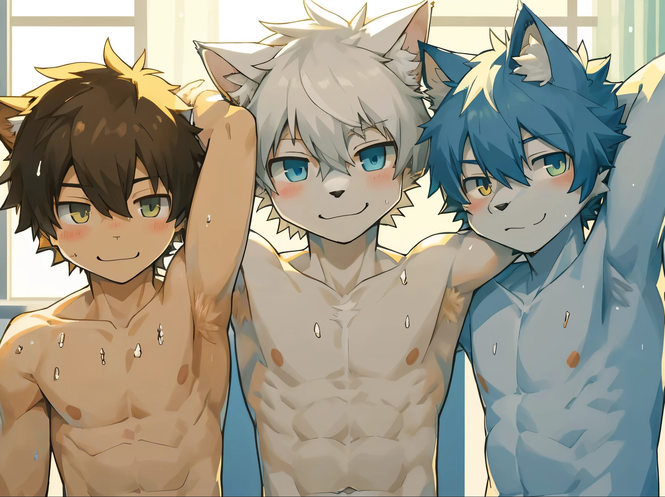 top quality, best quality, High-quality illustrations, masterpiece, super high resolution, -Old-Boyoug , shota, Cat boy, Shirtless, Topless, Bare chest, Group shot, 3boys, (Showing his big penis), Cum, Full of cum, Cum on armpit, Siting, Classroom, Slim body, Slim stomach, high quality portrait, cute, handsome, Happy, joyful,Perfect anatomy(kemono, furry anthro)