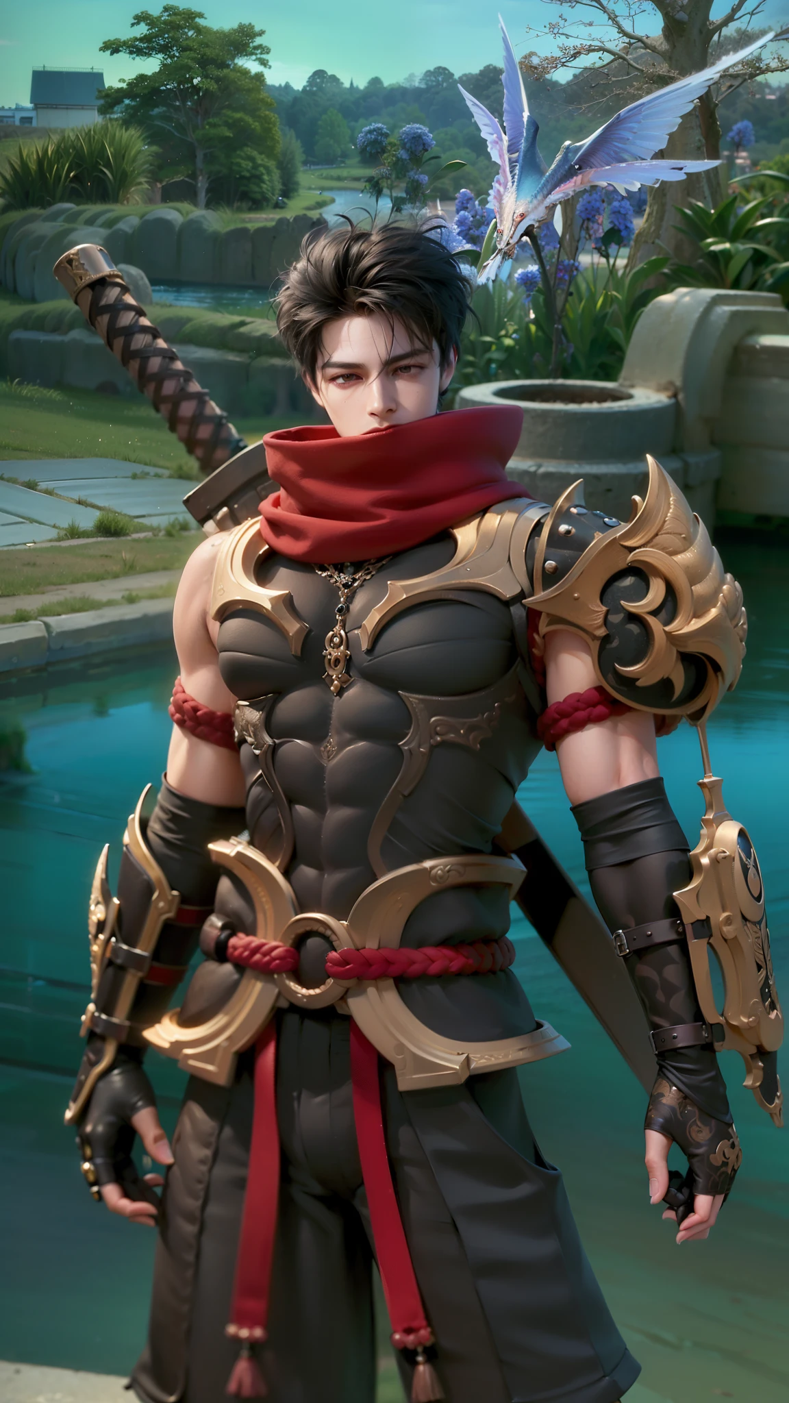 masculine male, masterpiece, ((perfect eyeest quality, (semirealism:1.9), beautiful lighting, (extremely detailed CG unity 4k fhd wallpaper), High Detail, Sharp focus, dramatic outdoors, 1 boy ,19 years old, black hair, light purpel eyes.