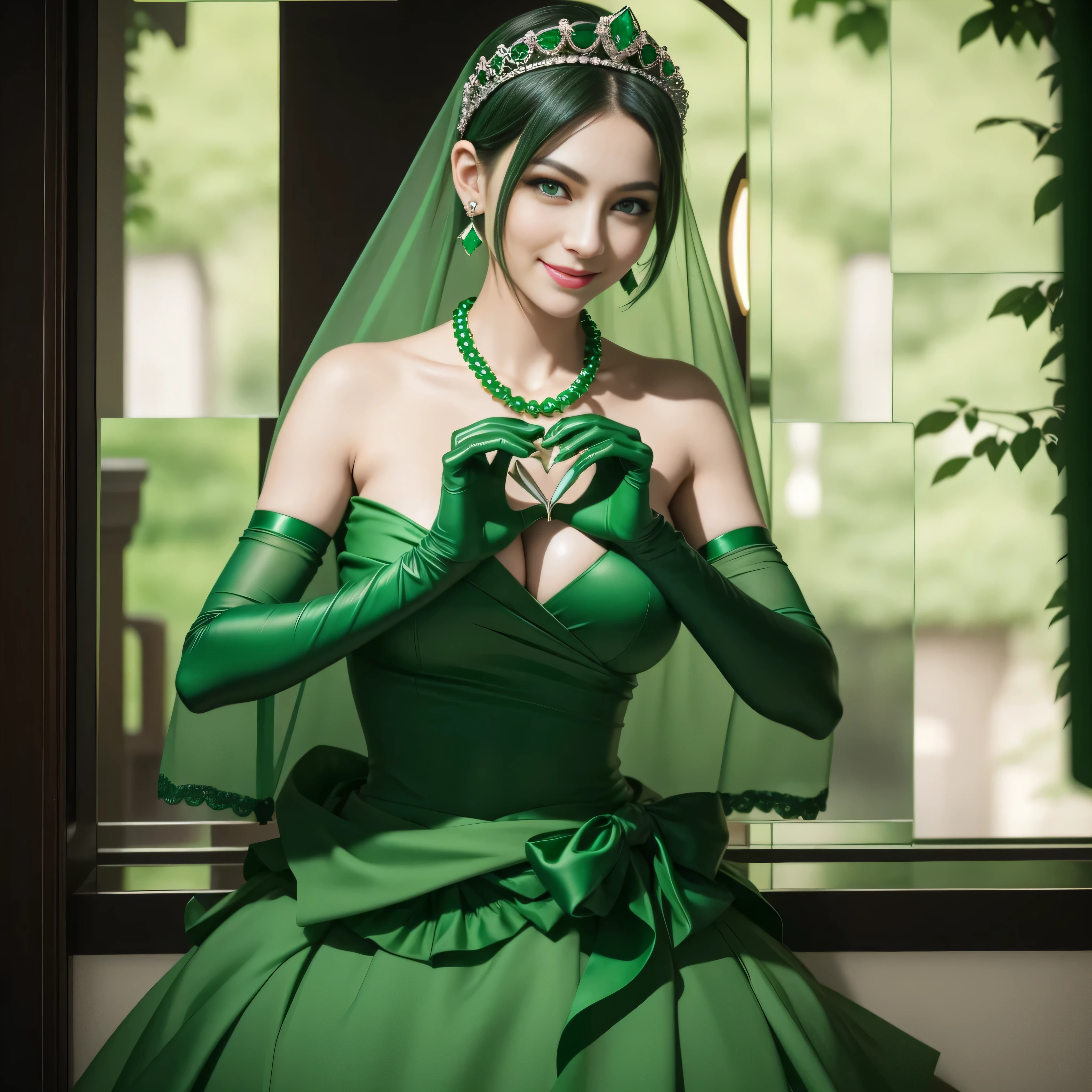 emerald tiara, Green Pearl Necklace, Boyish very short green hair, lipsticks, Japan woman smiling, very short short hair, big breasts beautiful, Green eyes, Long green gloves made of satin material, Green eyes, Emerald Earrings, green vale, 両Heart in the hand, Heart in the hand