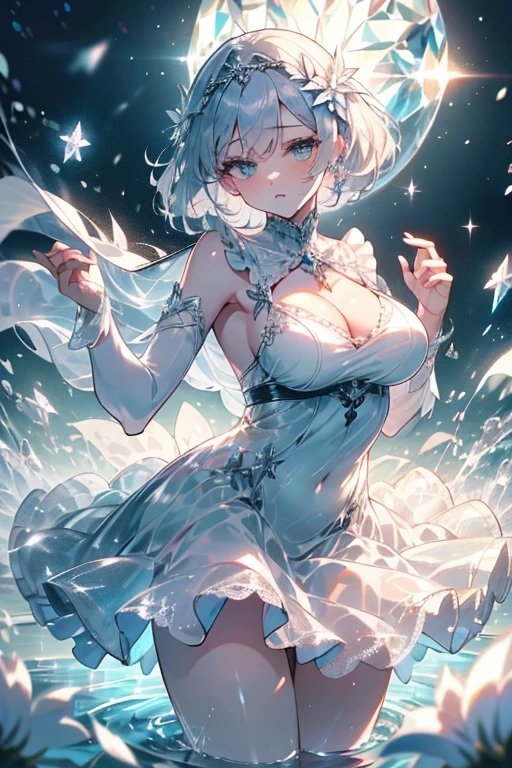 Paradise in Heaven, White lighting,(masutepiece), (Best Quality), (Cinematic), 8K, (art  stations), Li Yue painting style.(長いWhite hairとSilvery eyesを持つ1人の女), (Beautiful delicate face)、[ Particle Lou Full Moon] [Frozen trees々] [landscape crystal] [Lighting] [Ethereal Atmosphere]:1.1] [Fantasy, short story] [soft Lighting] [+Cinematic shot]:1.2 [+art  stations] [+luminous white background] [+soft Lighting] [soft glow] [Creative and dynamic angles]:1.3, [+Crystal Toning] 、masutepiece, ighly detailed, Ultra-detailed, Solo, (pale skin), Silvery eyes, White hair, (snowy background), (snowflake rosen flower:1.0), (shining crystal),, (Snowy ground), (White lashes), Female sexy、dreamy and detailed, Gorgeous setting, 妖しい雰囲気 masutepiece, The most beautiful scenes, An majestic、(((full of white flowers)))、quiet and serene atmosphere、A charming, all white tones,Inside the crystal library,Transparent flowers and falling snow，Many white roses are planted,(flowingwater,falls,water bloom),The decoration is also carefully done.,Dreamy（ighly detailedです，Creative Design，crisp and precise lines，K HD，best qualtiy，tmasterpiece，超hight resolution，4K）、Diverse poses、((beautiful white flower hair ornament))、Beautiful hairstyle、(Best Quality, 4K, 8K, hight resolution, masutepiece:1.2), Ultra-detailed, Detailed expression, Graceful posture, expressive brush strokes, mystic atmosphere, artistic interpretation,Delicate floral jewelry， (((Detailed design、Beautiful lace translucent dress、see-through small dress)))、(SFW:1.5), (Oversized breasts, best body proportions, proportions of large breasts,:1.5),(white decoration on thigh)、((Beautiful crystal accessories on the legs))。((Beautiful crystal accessories on the arm))、(((maikurobikini)))