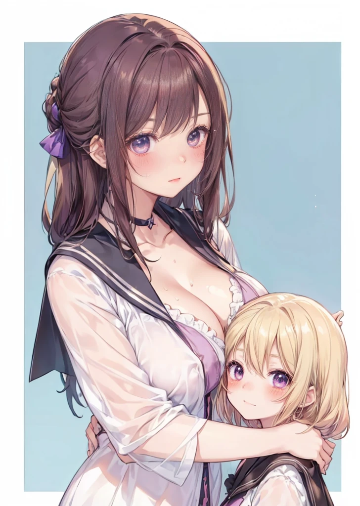 (2girls:1.4), (two girls yuri: 1.1), (height_difference:1.5), cute dress with frills, cleavage, modern, catgirl, pink or purple hair, cute hair, (blonde hair or brown hair), serafuku, hugging, very detailed, (height_difference:1.5), very detailed, beautiful, professionally drawn, (huge breasts), (cleavage sweat), (anime drawing:1.1), sketch, (anime:1.1), (very cute anime girl), (bright), (low contrast), collarbone, (>:D:1.2), (prettiest age girl), (mature face: 1.4), (hugging:1.2), (in a blanket: 1.1), (tall girl with big breasts: 1.2), (erect nipples:1.2)