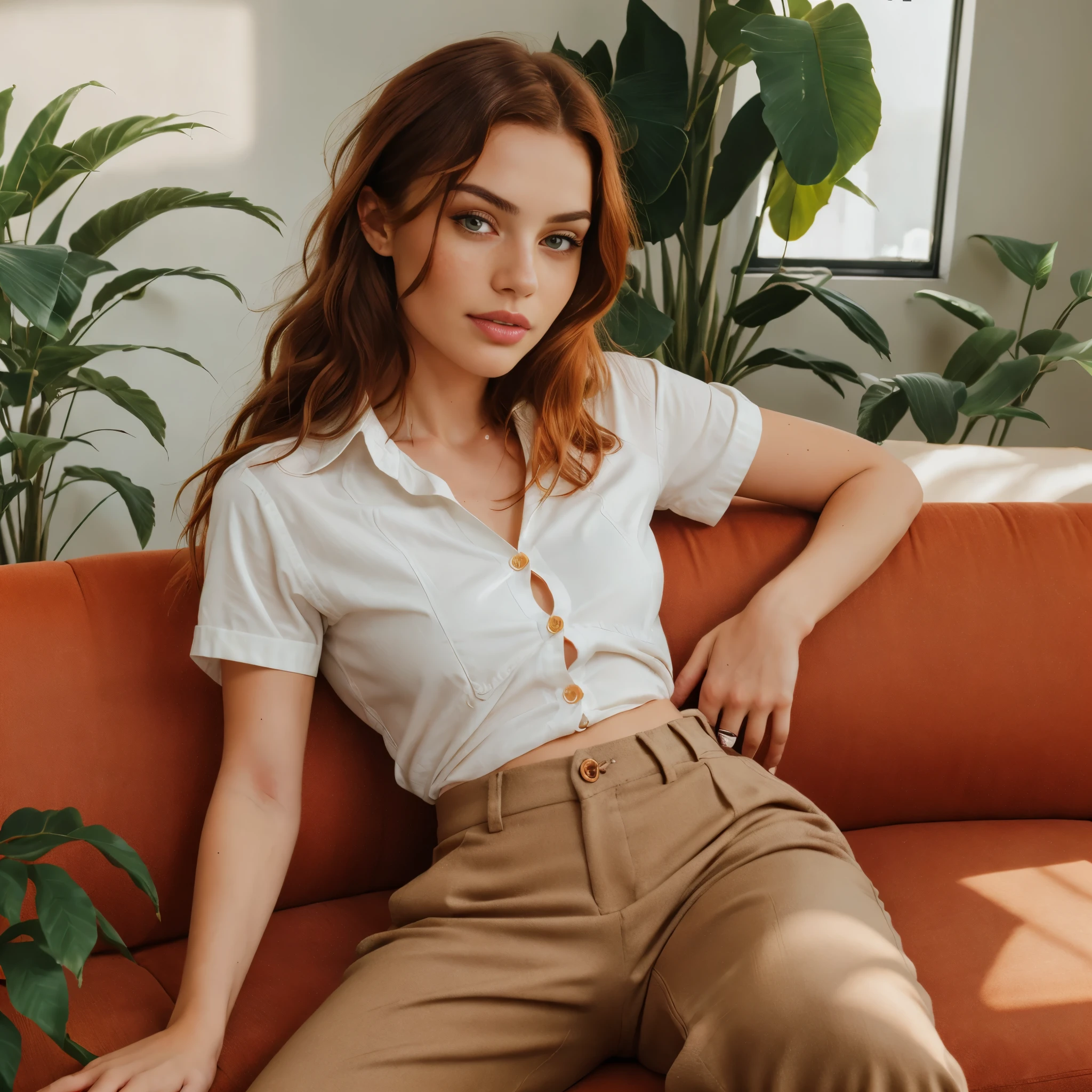 a photo of a seductive woman with loose styled redhead hair, posing on an orange couch with plants around, she is wearing Button-up Shirt and Trousers, intricate details, goosebumps, flawless face, realistic skin, shy, prude, (light freckles:0.9), ((photorealistic):1.2), raw