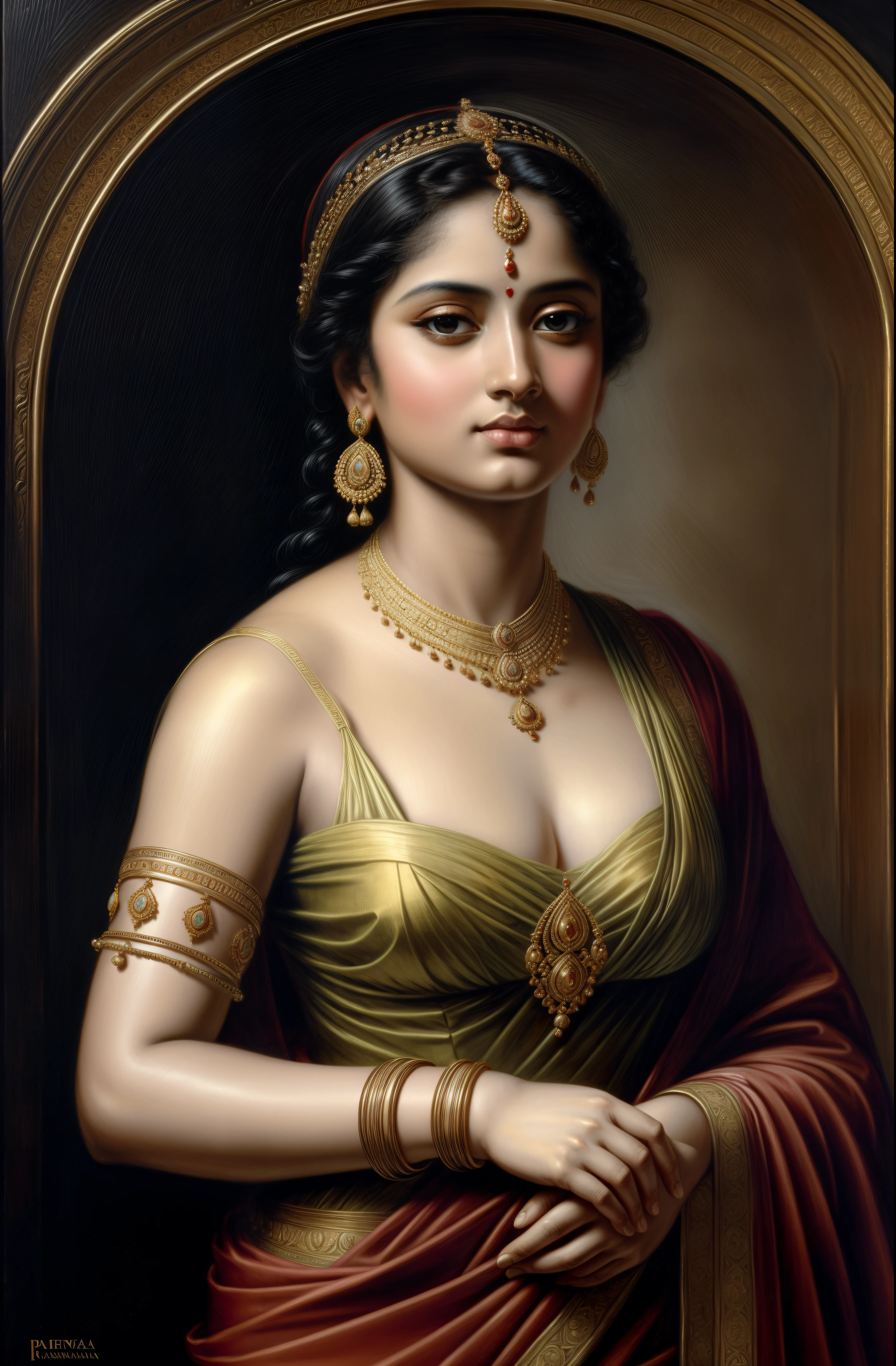 Beautiful Indian Woman, wearing saree, sari Beauty, gorgeous, Apsara, Maharani, royal queen woman, nymph from Hindu Mythology, pierced eyes, Urvashi, matchless beauty, Highly detailed, Oil Painting by Peter Paul Rubens inspired by Raja Ravi Varma, Matchless beauty, captivating, gorgeous, heavenly beauty, celestial beauty, by Peter Paul Rubens, 1893, realistic, hyper realistic, micro details, incredible artwork, insane details, ultra High resolution, 8k, 32k, acrylic on canvas, intricate, flawless, detailed, detailed face, detailed eyes, masterpiece, by Peter Paul Rubens, by Caravaggio, by William Adolphe bouguereau, perfect face, perfect body, beautiful art, realism, baroque, renaissance Art, highly textured, beautiful and detailed eyes, uhd, best quality,