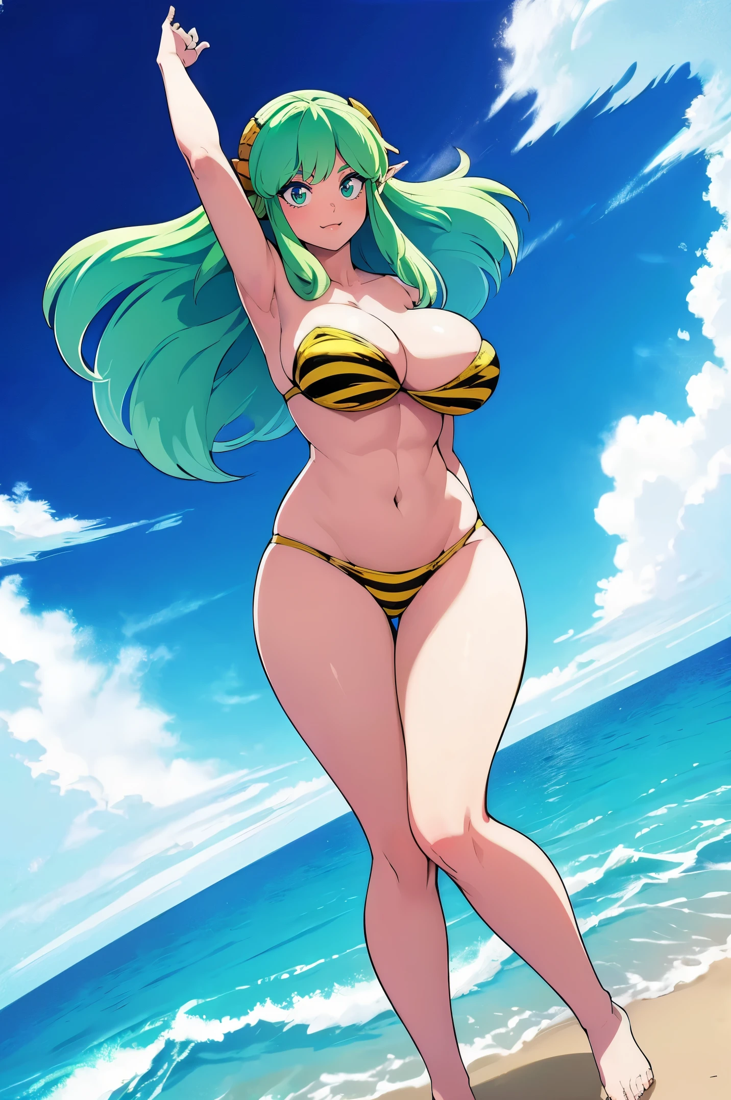 In style of Argerm, (best quality,4k,8k,highres,masterpiece:1.2),ultra-detailed,(r:1.37), vibrant colors, lum, lighting, beach scenery, bikini model, standing tall and confident, full body emphasis, alluring curves, prominent and voluptuous breasts, captivating green hair flowing in the wind, thunderous aura surrounding her, sharp, majestic horns protruding from her head.