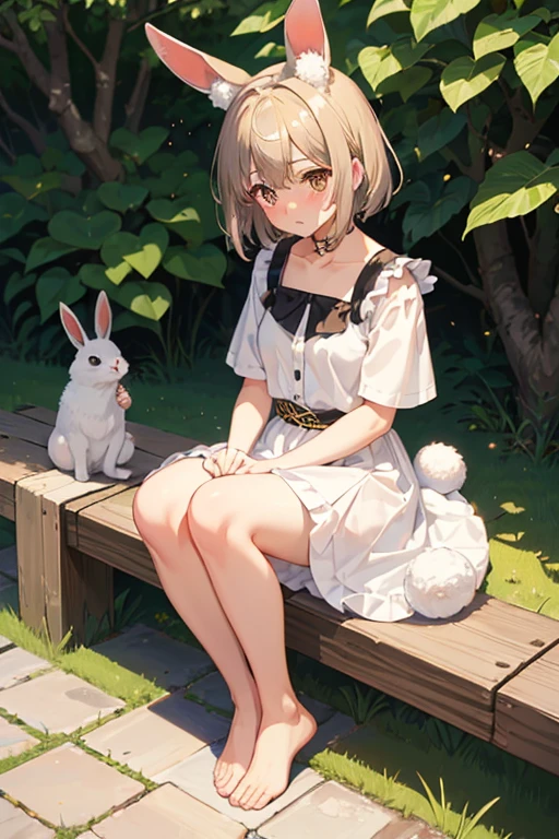 ((masutepiece, Best Quality)),1girl in, Solo, animal ears, Rabbit, Barefoot, Skirt, Sitting, Rabbit ears, Short sleeves, (Teasing the, Shy, Blushing: 1.3), gaze at the audience, tussock, Short hair, Gray hair, puff sleeves, Outdoors, fluffy Short sleeves, Bangs, On the ground, Full body, animal, White Dress, Sunlight, Brown eyes, mottled Sunlight, Daytime,