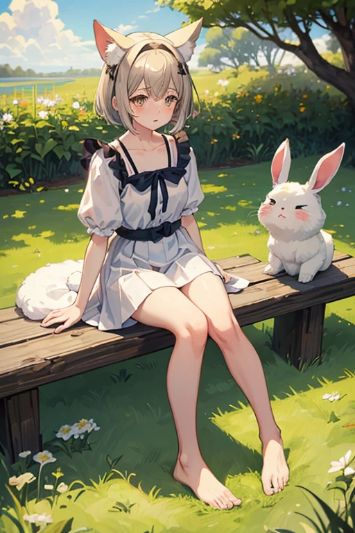 ((masterpiece,best quality)),1girl, solo, animal ears, rabbit, barefoot, knees up, dress, sitting, rabbit ears, short sleeves, looking at viewer, grass, short hair, smile, white hair, puffy sleeves, outdoors, puffy short sleeves, bangs, on ground, full body, animal, white dress, sunlight, brown eyes, dappled sunlight, day, depth of field
