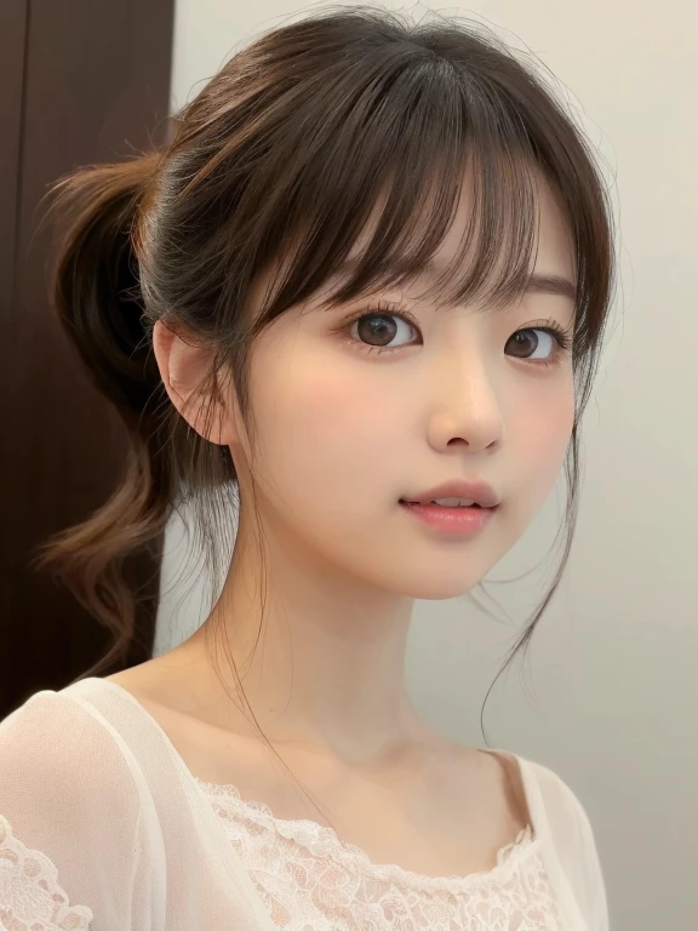 ((cute little日本の女の子、Beautiful japanese girl、1 girl in、age19、poneyTail、Highly detailed facial and skin texture、refinement、hyperdetailed face、ultradetailed eyes、blusher、blush、teak、ピンクのteakを塗った頬、close-up of woman、bustup、frontageを向いている顔、frontageを向いている体、Looking at the camera、frontage、cute little、smooth white skin、Transparent skin texture、))、(dark brown  hair、bangss)、Beautiful Women in Perfect Style：1.4、Japanese Models、Young gravure idols、若いcute littleグラビアアイドル、Realistic Young Gravure Idol、refinementされたグラビアアイドル、((top-quality、in 8K、​masterpiece:1.3、１Photo))、(4K、RAW Photography、top-quality)、(reallistic、フォトreallistic:1.37)、Place a person on the other side of the screen、natural soft light、upper body and head、refinement、