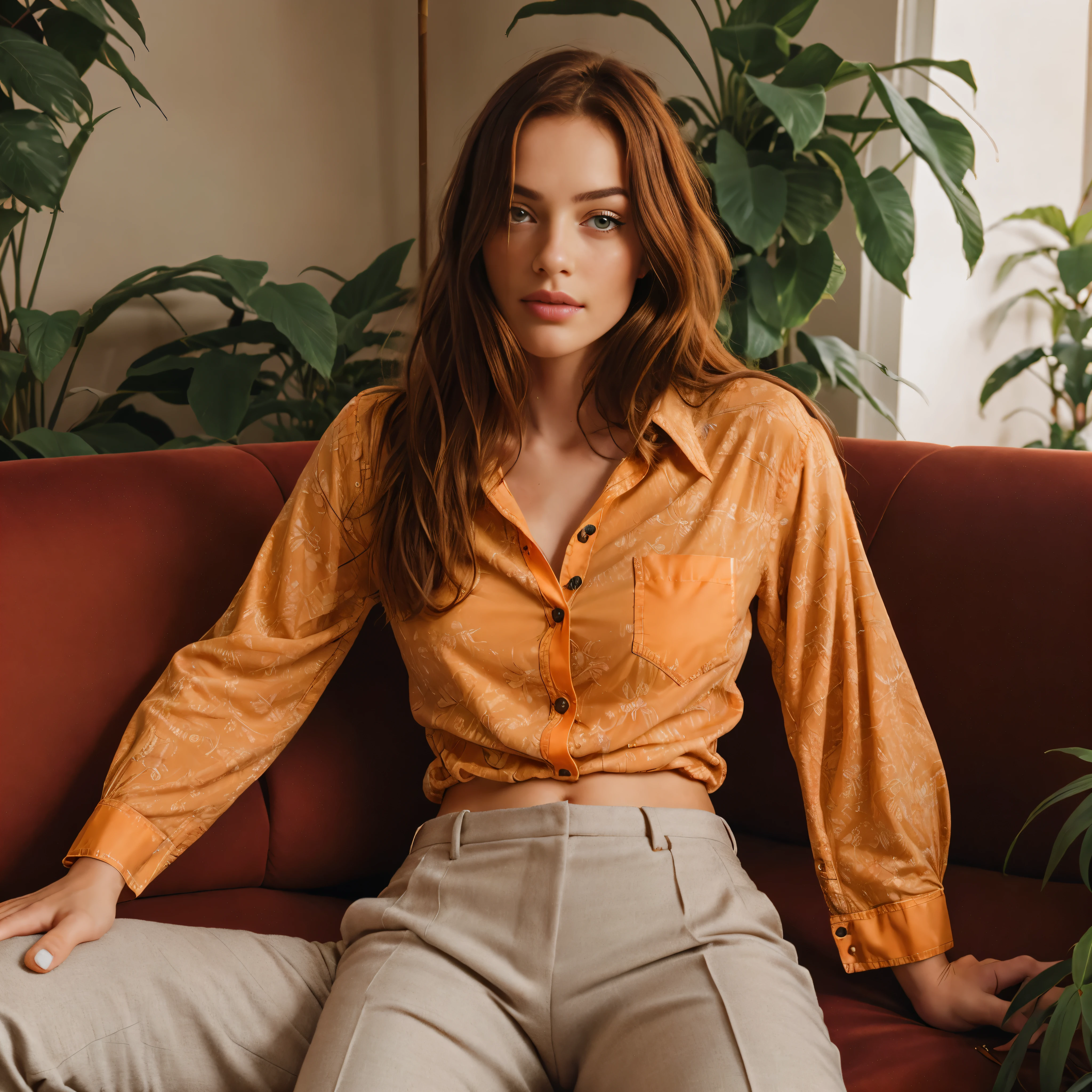 a photo of a seductive woman with loose styled redhead hair, posing on an orange couch with plants around, she is wearing Button-up Shirt and Trousers, intricate details, goosebumps, flawless face, realistic skin, shy, prude, (light freckles:0.9), ((photorealistic):1.2), raw