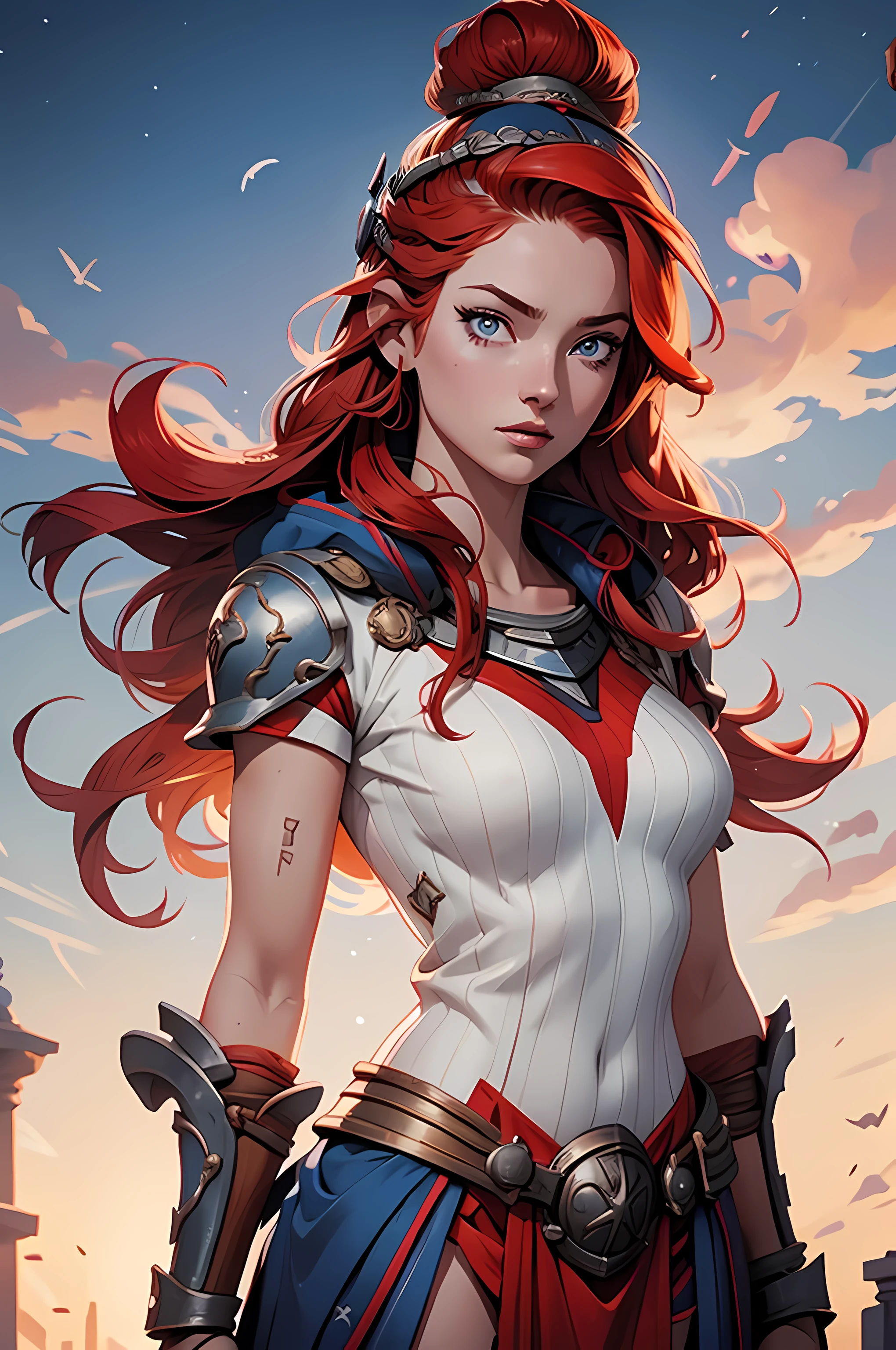 1girl, Very long red hair, A goddess called Athena ,Athena's name on her clothes , Rainbow colored eyes, Close up shot of face, She is a warrior , He wears beautiful childish clothes, Plain, single-color background , absurdres, high-resolution, ultra sharp, 8k, 巨作, Look straight ahead