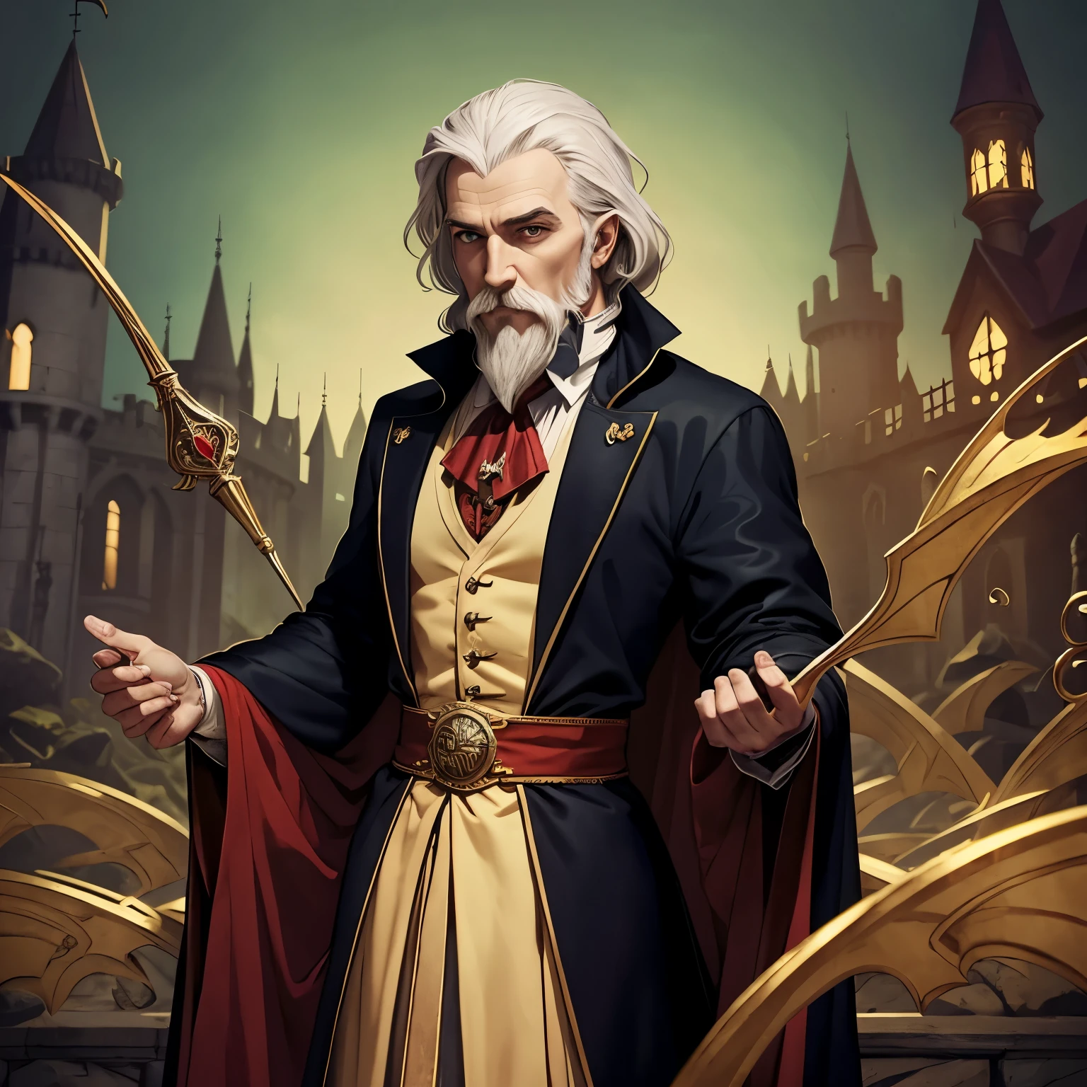 Irish wizard, estilo dracula, em um castelo, cores frias, homem de 50 anos, bigode