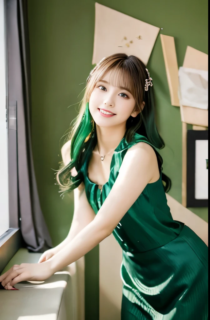 "8K resolution, Masterpiece Quality: 1.2, Photorealsitic: 1.4, Detailed 8k wallpapers, Cinematic lighting, Sharp Focus, Full body, Idol of a 20-year-old Japan, Perfect body, Green hair, trendy green outfit, luxurious and elegant interior, Fashionable harmony with nature, contemporary furniture with green accents, chic art gallery style, Modern Apartment."