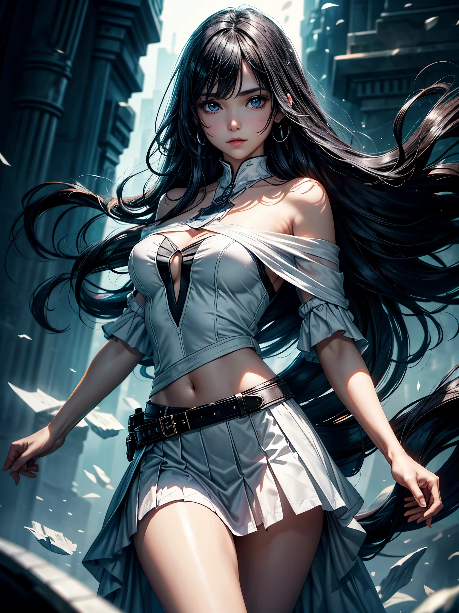 solo, fantasy woman, detaild beautifu face and eyes, off shoulder white shirt and skirt, black hair, long hair, floating hair, shiny hair, jewelry, light smile, Conceptual art, cinematic lighting, jpeg artifacts, Eye-Level Shot, drop shadow, depth of field, hyperrealism, masterpiece, retina, ccurate, best quality, highres, 4K, super detail
