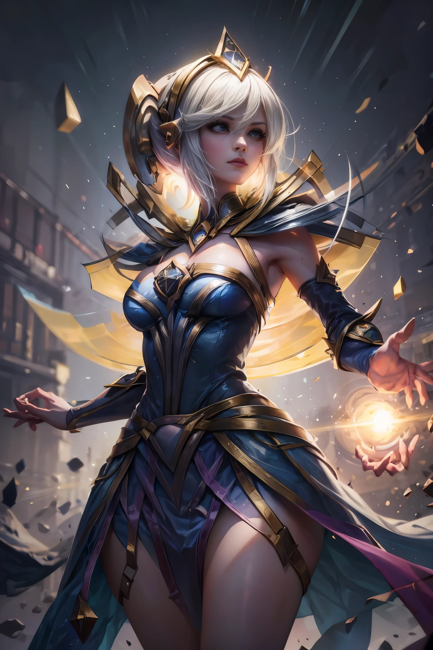 solamente, Super fine photo, Unreal Engine 5 8K UHD digital art portrait of a girl, Arte conceptual, character concept design, wearing a tight, shiny white dress with metallic details, corona de oro, ojos azules, fantasy princess, guante metalico, cabello largo y rubio, La mejor calidad, Obra maestra, Super detailed, foco nítido, pose  Sujestiva y sexy y inocente y