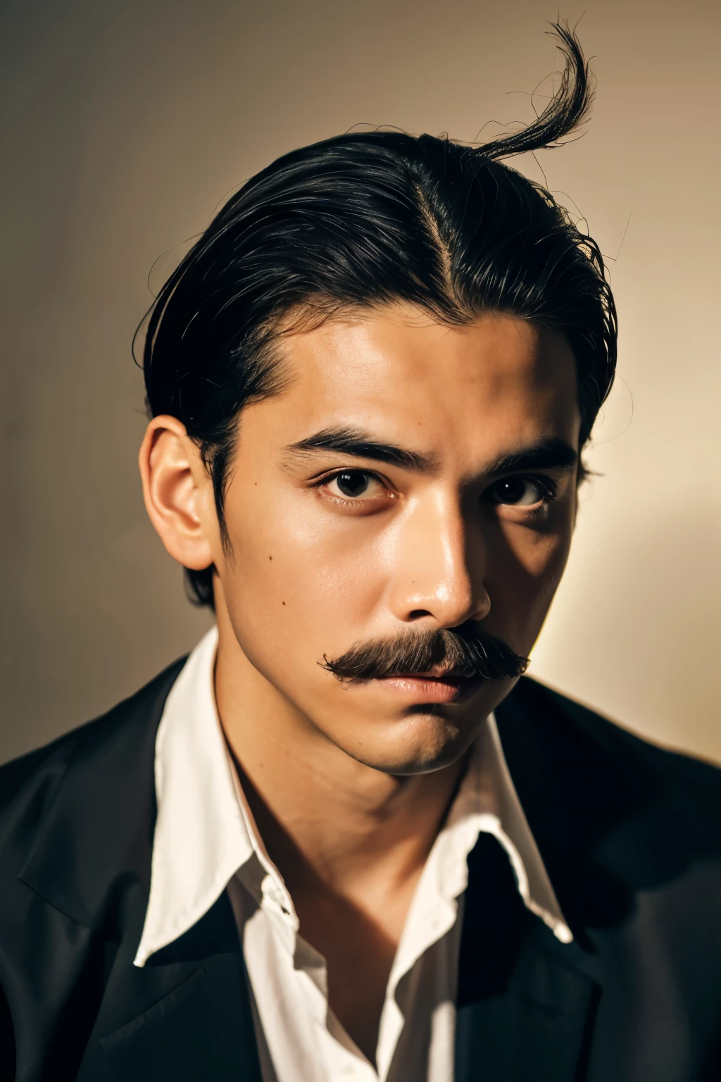 Latin male, in 30s, mustache, shirt, portrait