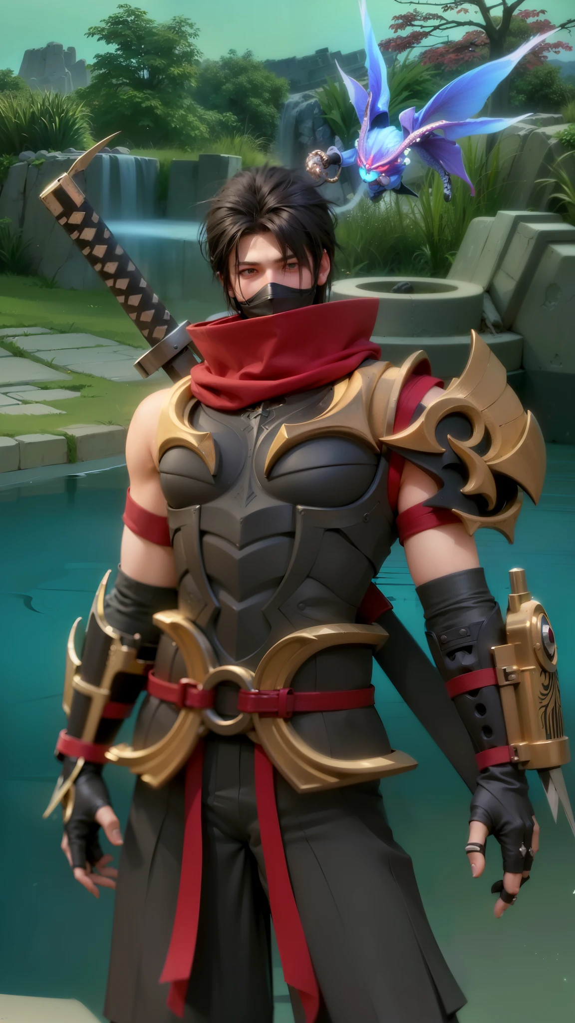 masculine male, masterpiece, ((perfect eyeest quality, (semirealism:1.9), beautiful lighting, (extremely detailed CG unity 4k fhd wallpaper), High Detail, Sharp focus, dramatic outdoors, 1 boy ,19 years old, white hair, light purpel eyes, Attractive profile picture, masterpiece, ultra-precise rendering, beautiful and cool young man, trustworthy, dependable young man, savior of the world, design, most beautiful image, 4K, light green eyes, the color of the clothes is the same as the original, demon ninja, demon armor.