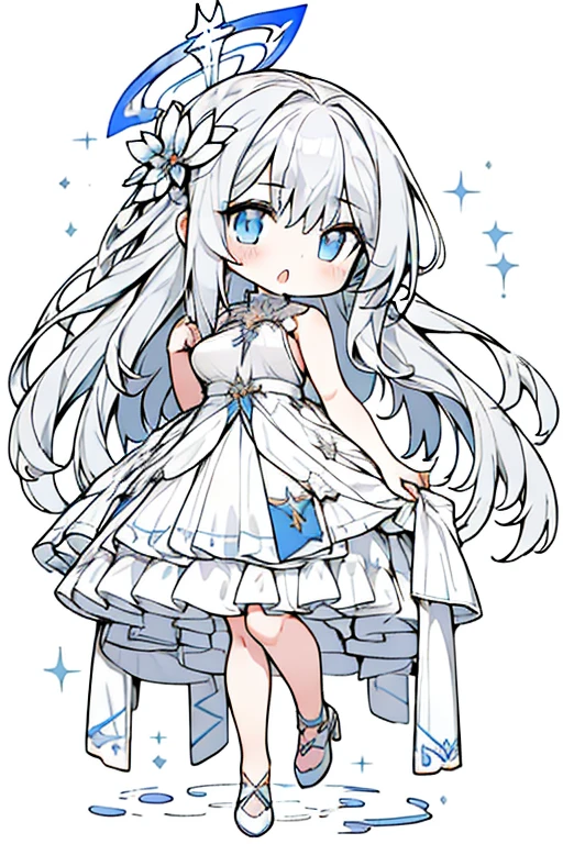 ((beste-Qualit, tmasterpiece)), 1girl, bangs, blue eyes,dress, grey hair, hair intakes, hair ornament, halo, long hair, mouth, sleeveless, solo, very long hair, white background, white dress, wing hair ornamen,boobs,chibi,full body