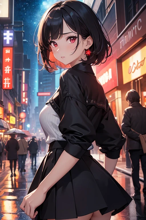 ((masterpiece)), (best quality),, official art, extremely detailed CG unity 8k wallpaper, highly detailed, shiny skin, Depth of field, vivid color,, 1girl, (curvy:0.4), (full body:0.6),, short hair, bangs, red eyes, skirt, looking at viewer, night, street, neon, looking back, star (sky), crowd, upper body,