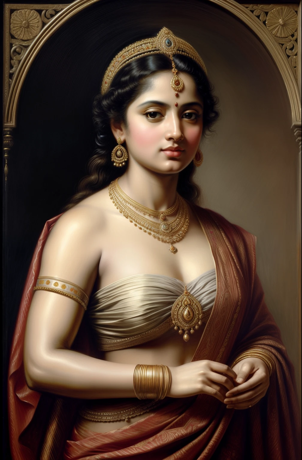 Beautiful Indian Woman, wearing saree, sari Beauty, gorgeous, Apsara, Maharani, royal queen woman, nymph from Hindu Mythology, pierced eyes, Urvashi, matchless beauty, Highly detailed, Oil Painting by Peter Paul Rubens inspired by Raja Ravi Varma, Matchless beauty, captivating, gorgeous, heavenly beauty, celestial beauty, by Peter Paul Rubens, 1893, realistic, hyper realistic, micro details, incredible artwork, insane details, ultra High resolution, 8k, 32k,  acrylic on canvas, intricate, flawless, detailed, detailed face, detailed eyes, masterpiece, by Peter Paul Rubens, by Caravaggio, by William Adolphe bouguereau, perfect face, perfect body, beautiful art, realism, baroque, renaissance Art, highly textured, beautiful and detailed eyes, uhd, best quality,