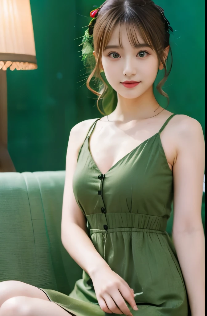 "8K resolution, Masterpiece Quality: 1.2, Photorealsitic: 1.4, Detailed 8k wallpapers, Cinematic lighting, Sharp Focus, Full body, Idol of a 20-year-old Japan, Perfect body, Green hair, trendy green outfit, luxurious and elegant interior, Fashionable harmony with nature, contemporary furniture with green accents, chic art gallery style, Modern Apartment."