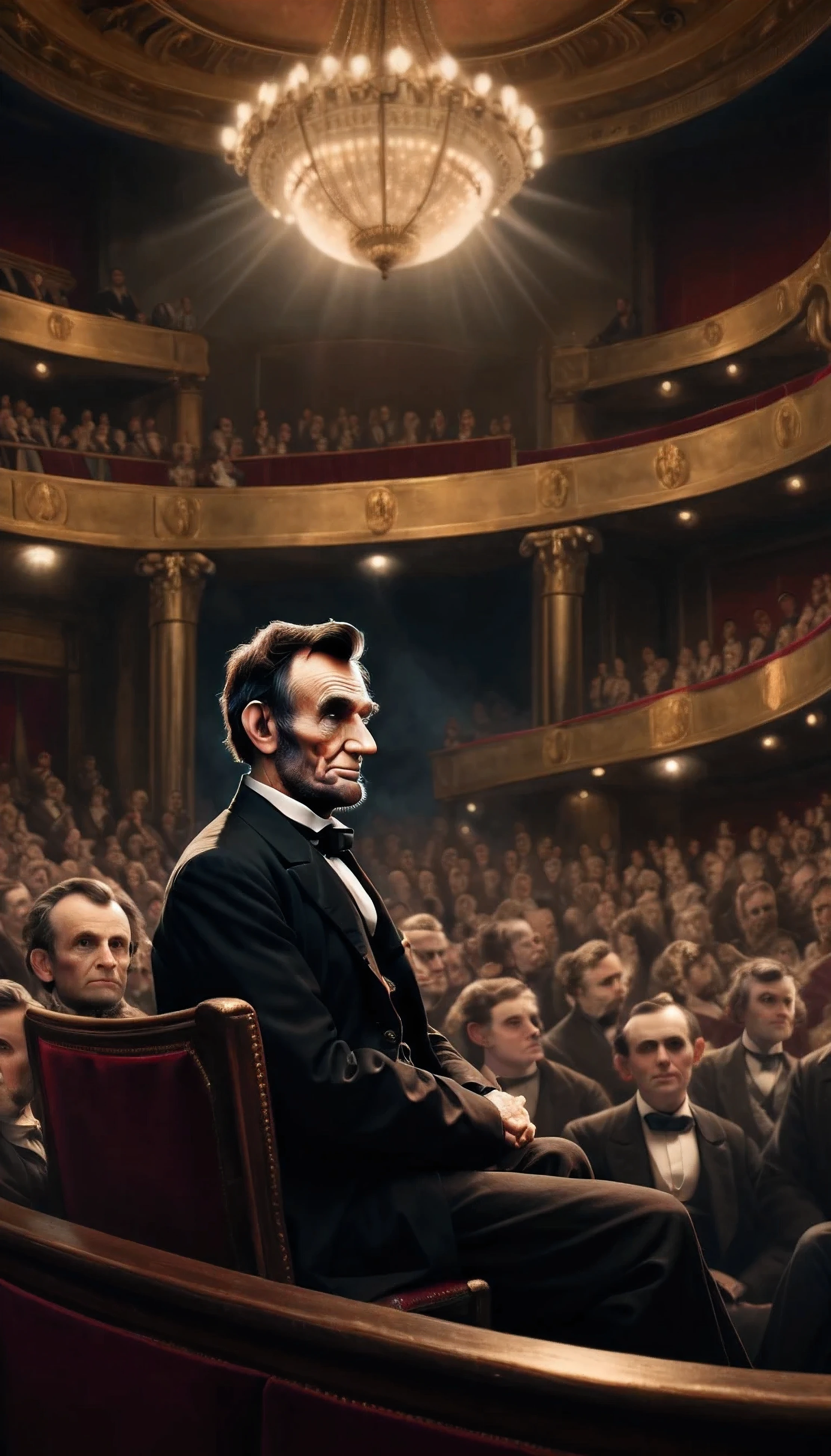 The image captures an elegant and atmospheric setting theater Balcony . Warm lighting illuminates the interior of the theater, giving it an inviting and grand feel. Private Box Seat: Abraham Lincoln is seated in a private box, dressed formally. However, their face is covered by an edited brown box, keeping their identity anonymous. Audience: The audience below is dressed formally, indicating a prestigious event or performance. They are all focused on the stage, adding to the ambiance of the scene. ((8k)) ((12k)) ((close-up)) ((portrait)) (( closely focus on Abraham Lincoln))