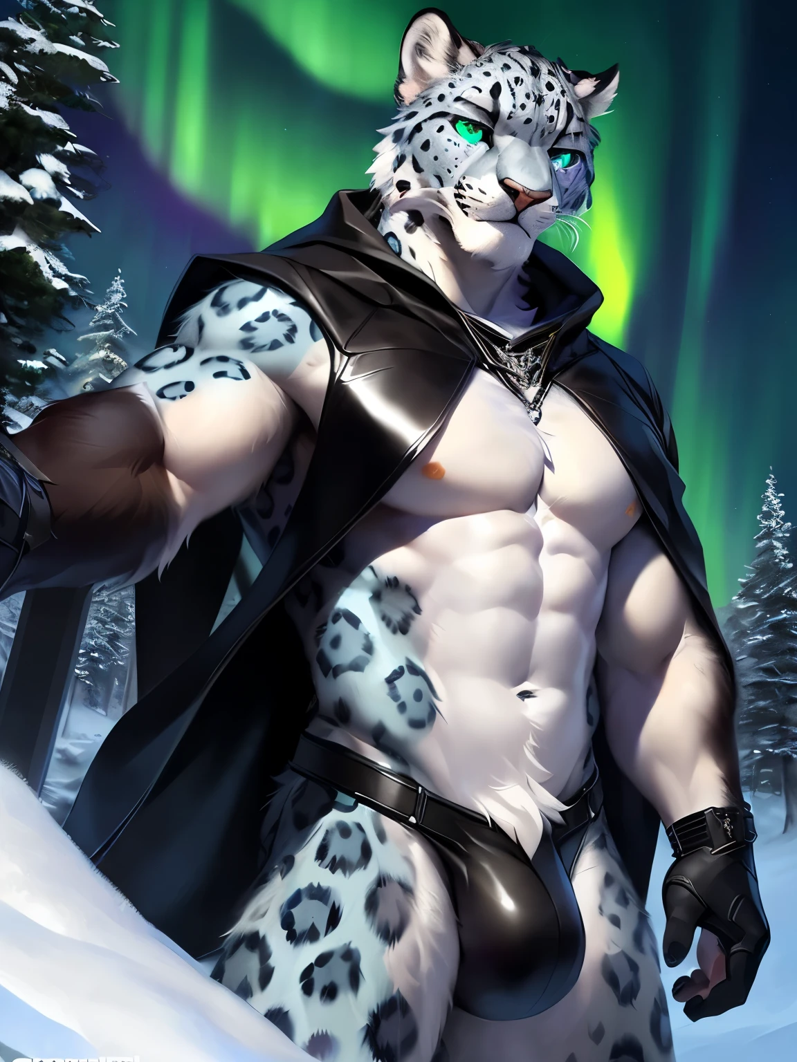 ((solo)), by Pino Daeni, by Ruan Jia, by Shiitakemeshi, by Alayna Lemmer, by Carlo Galli Bibiena, dynamic  portrait of  a handsome ((male anthro furry snow_leopard)) in an icy forest. Full body. Biceps, muscular, large pecs. Young, thin. he is wearing leather cloak, bare chested, tight underwear, huge bulge, huge balls, genital outline, (((handsome, proud, detailed face, detailed clear eyes and pupils,  detailed hair, (fluffy))), (magical vibe), hair, tuft ), insane details, 8k,  unreal engine, cold volumetric light,  masterpiece , blurred background, cinematic composition.(detailed Chunie lighting), (detailed fur), (((crepuscular ray))), adorable paws:1.3, realistic proportion,aurora,