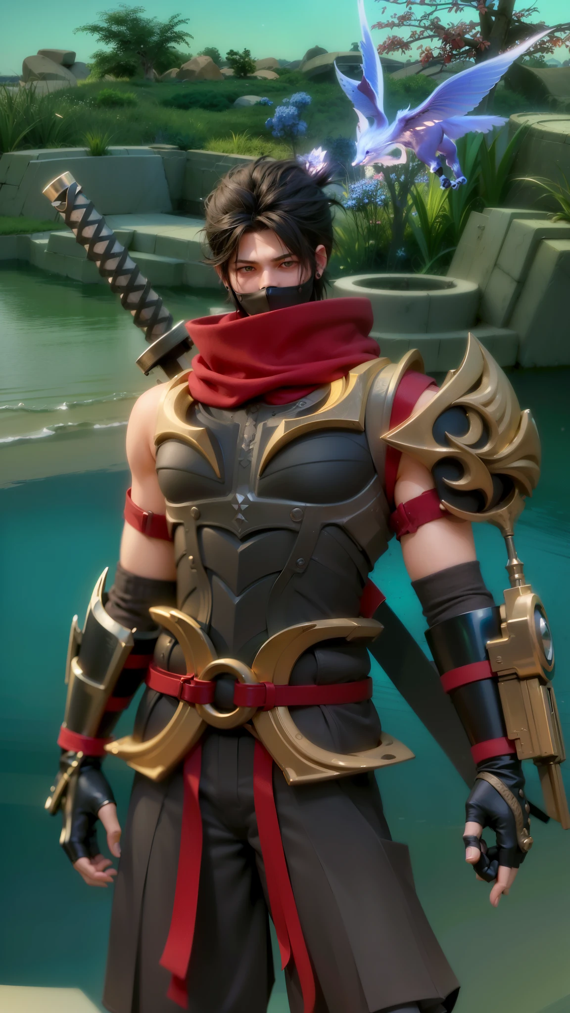 masculine male, masterpiece, ((perfect eyeest quality, (semirealism:1.9), beautiful lighting, (extremely detailed CG unity 4k fhd wallpaper), High Detail, Sharp focus, dramatic outdoors, 1 boy ,19 years old, white hair, light purpel eyes, Attractive profile picture, masterpiece, ultra-precise rendering, beautiful and cool young man, trustworthy, dependable young man, savior of the world, design, most beautiful image, 4K, light green eyes, the color of the clothes is the same as the original, demon ninja, demon armor.