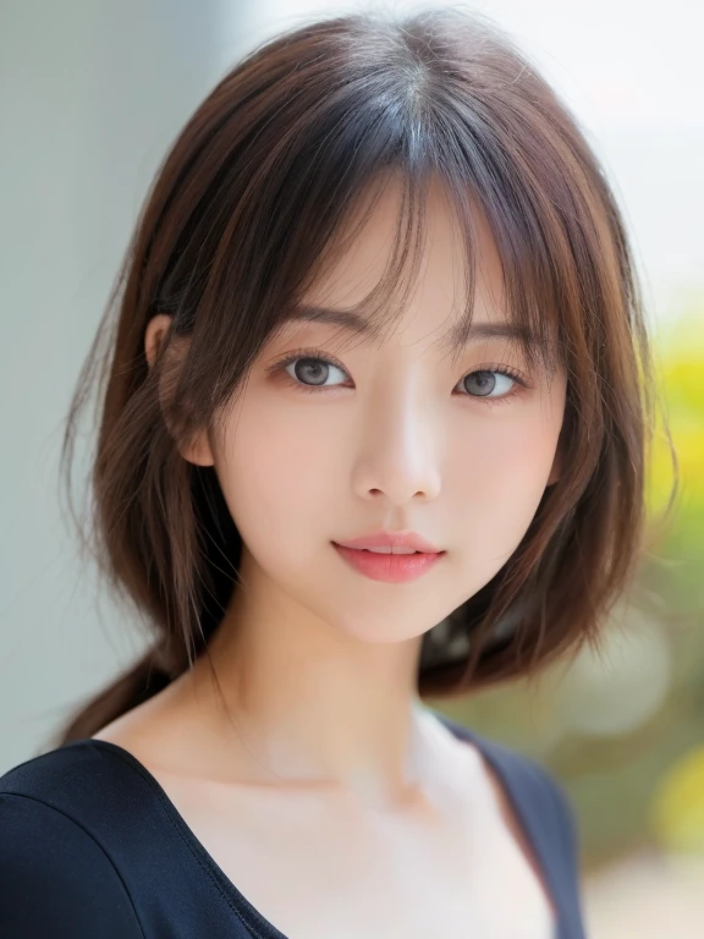 ((cute little日本の女の子、Beautiful japanese girl、1 girl in、age19、poneyTail、Highly detailed facial and skin texture、refinement、hyperdetailed face、ultradetailed eyes、blusher、blush、teak、ピンクのteakを塗った頬、close-up of woman、bustup、frontageを向いている顔、frontageを向いている体、Looking at the camera、frontage、cute little、smooth white skin、Transparent skin texture、))、(dark brown hair、bangss)、Beautiful Women in Perfect Style:1.4、Japanese Models、Young gravure idols、若いcute littleグラビアアイドル、Realistic Young Gravure Idol、refinementされたグラビアアイドル、((top-quality、in 8K、masterpiece:1.3、1Photo))、(4K、RAW Photography、top-quality)、(reallistic、フォトreallistic:1.37)、Place a person on the other side of the screen、natural soft light、upper body and head、refinement、