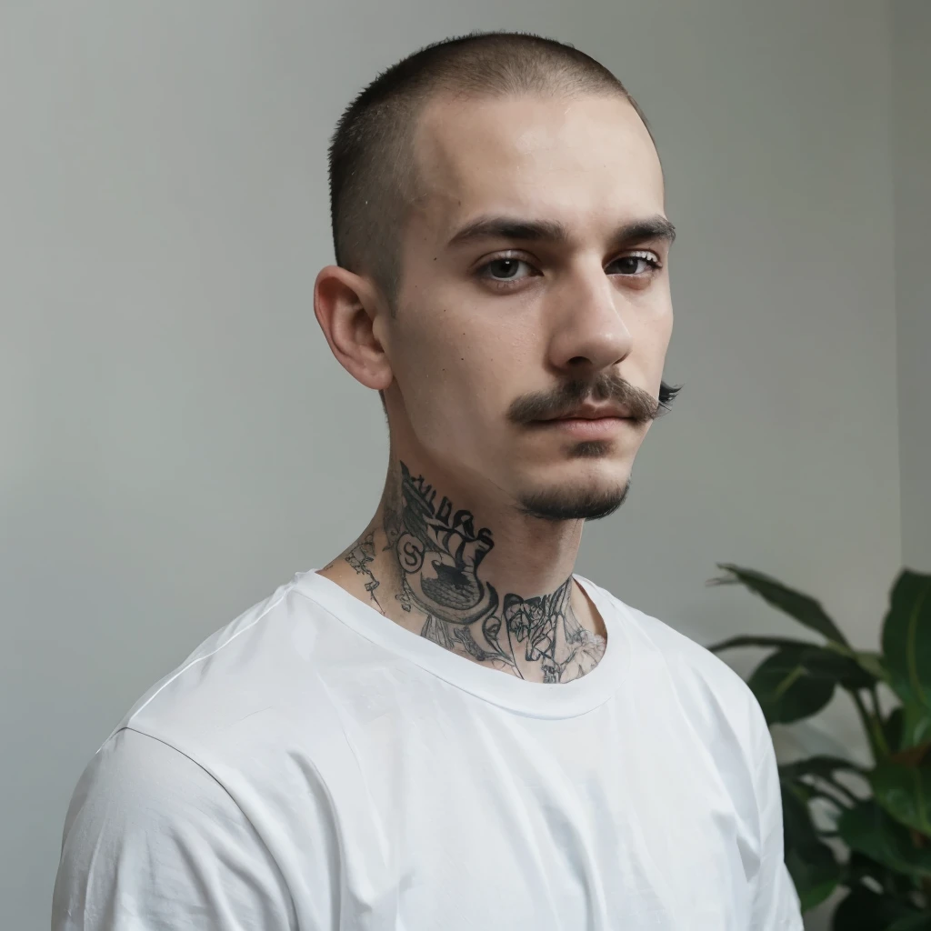 Man, white skin, little hair, 24 years old, young, thin, very thin, wears a white formal t-shirt, tattooed right arm, thin mustache, goatee, serious facial expression No neck tattoo, black mustache and goatee, black shaved hair
