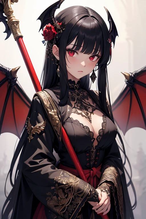 (masterpiece), (best quality), (detailed), light layer, lustrous skin, (intricate detailed , taut clothes, , demon wings,hair ornament :1.2), from above, black hair, black choker, long hair, hime cut, woman, blunt bangs, sidelocks, red eyes, holding quarterstaff,holding scythe,holding sword, (mature female:1.1), [uncensored, NSFW, nipples], side-ponytailackground:1.1),