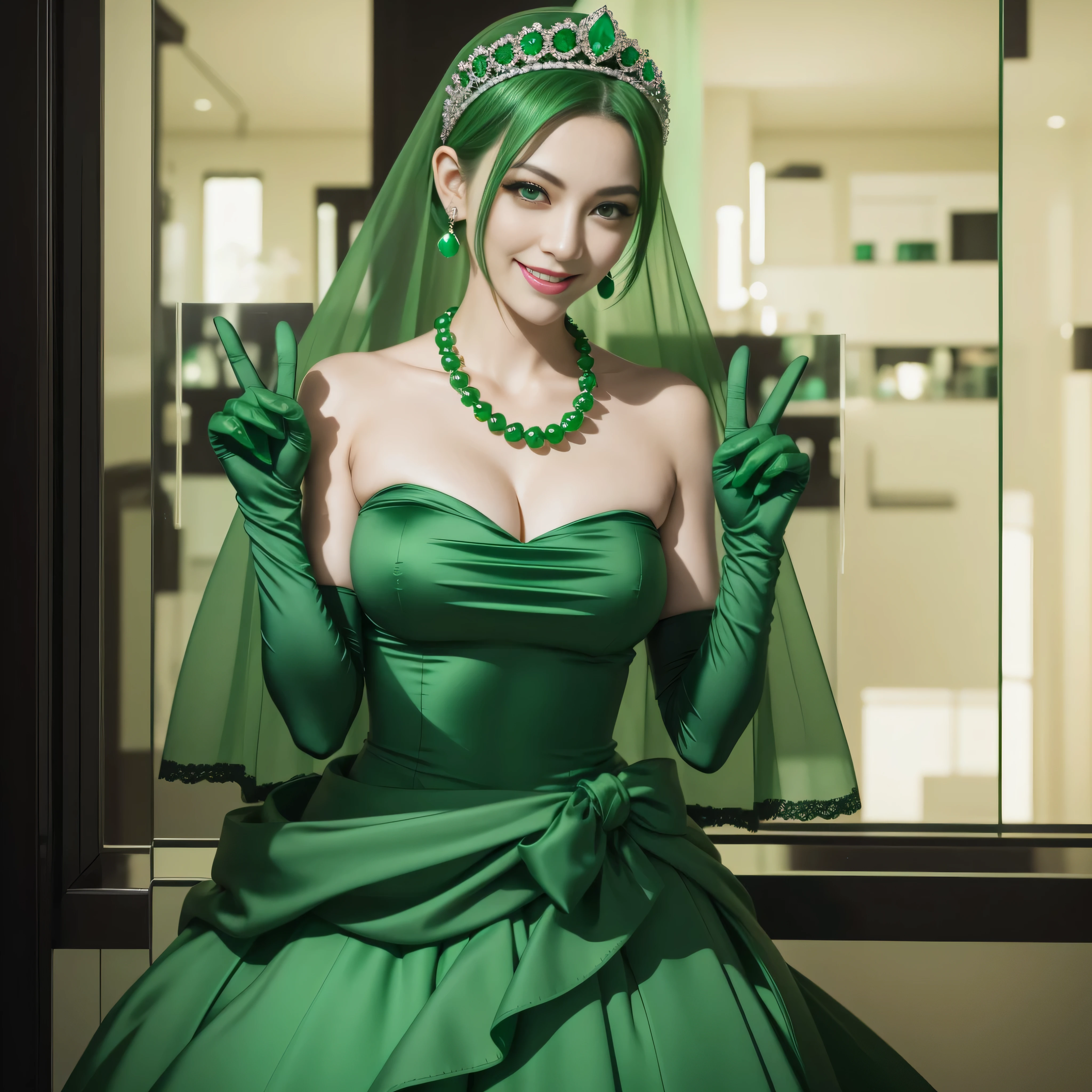 emerald tiara, Green Pearl Necklace, Boyish very short green hair, lipsticks, Japan woman smiling, very short short hair, big breasts beautiful, Green eyes, Long green gloves made of satin material, Green eyes, 両手でv sign, Emerald Earrings, Green hair, v sign, Detailed Five Fingers