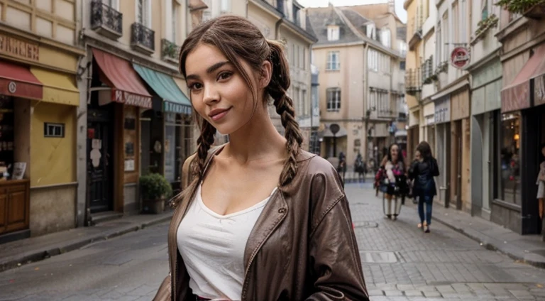 une femme aux cheveux bruns ,:: ,:: madison beer, streaming, pigtail, photoréaliste - h 6 4 0, 🎀 🧟 🍓 🧚, tu vois, live2d, ressemble à laura barriales, —ar 16:9, Sam Nassour, 5 0 s, incroyablement mignon,plan de la tête au pied , sourcils droits, avec un grand sourire, elle porte une longue veste  de couleur marron et mauve  , dans une grande ville 🍔🍔🍔🍔🍔